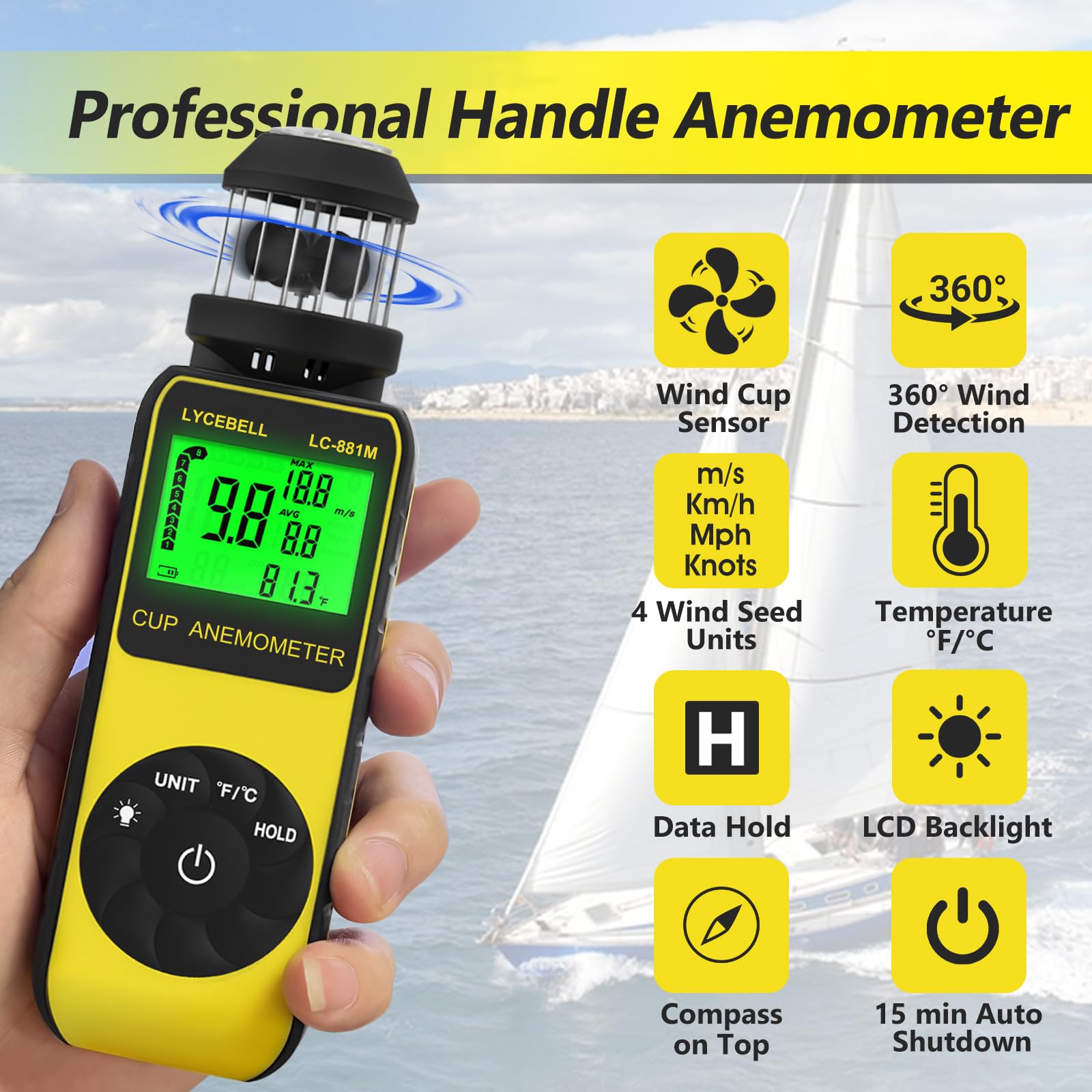 Anemometro portatile 881M, misuratore del vento digitale 0,7-42 m/s, misurazione della velocità del vento e della temperatura a 360°, con bussola, per HVAC, surf, vela, drone