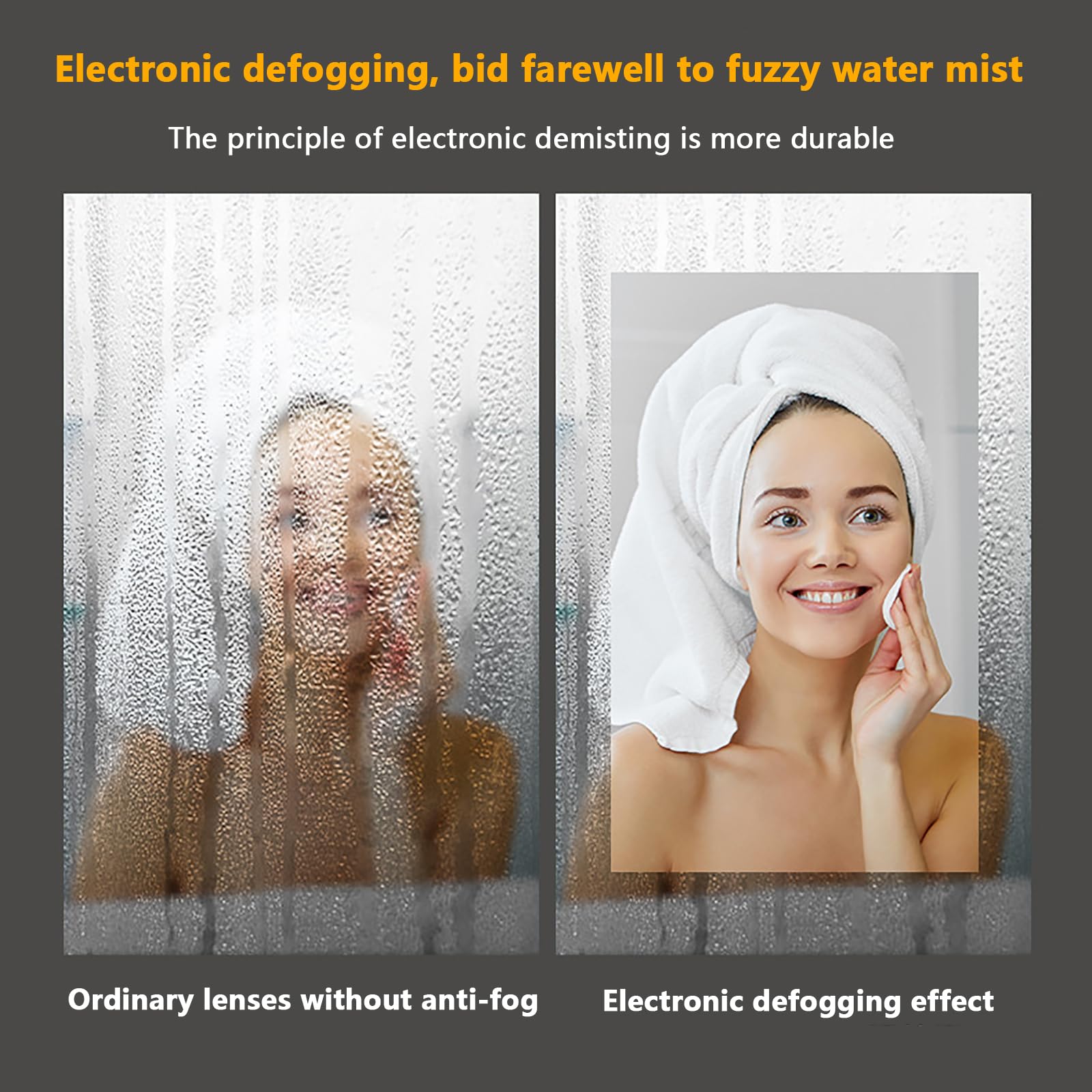 Lustro łazienkowe LED montowane na ścianie z przełącznikiem dotykowym 60 x 60 cm, półokrągłe, dekoracyjne podświetlane lusterko kosmetyczne do makijażu i pielęgnacji, stylowe rozwiązanie oświetleniowe