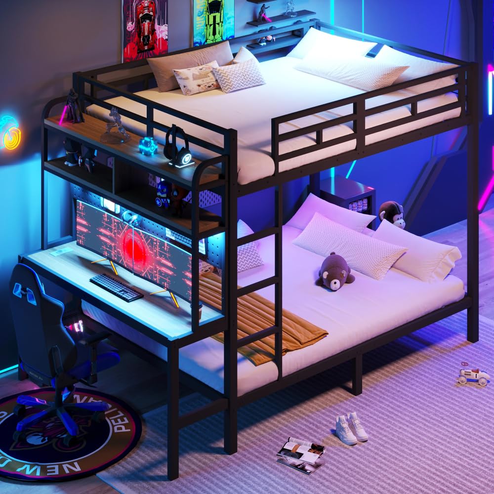 Lubvtti Litera de hierro para niños, 140 x 200 cm, con tira de luz LED, puerto USB, escritorio, compartimento de almacenamiento, cama infantil, estructura de cama de matrimonio (negro)