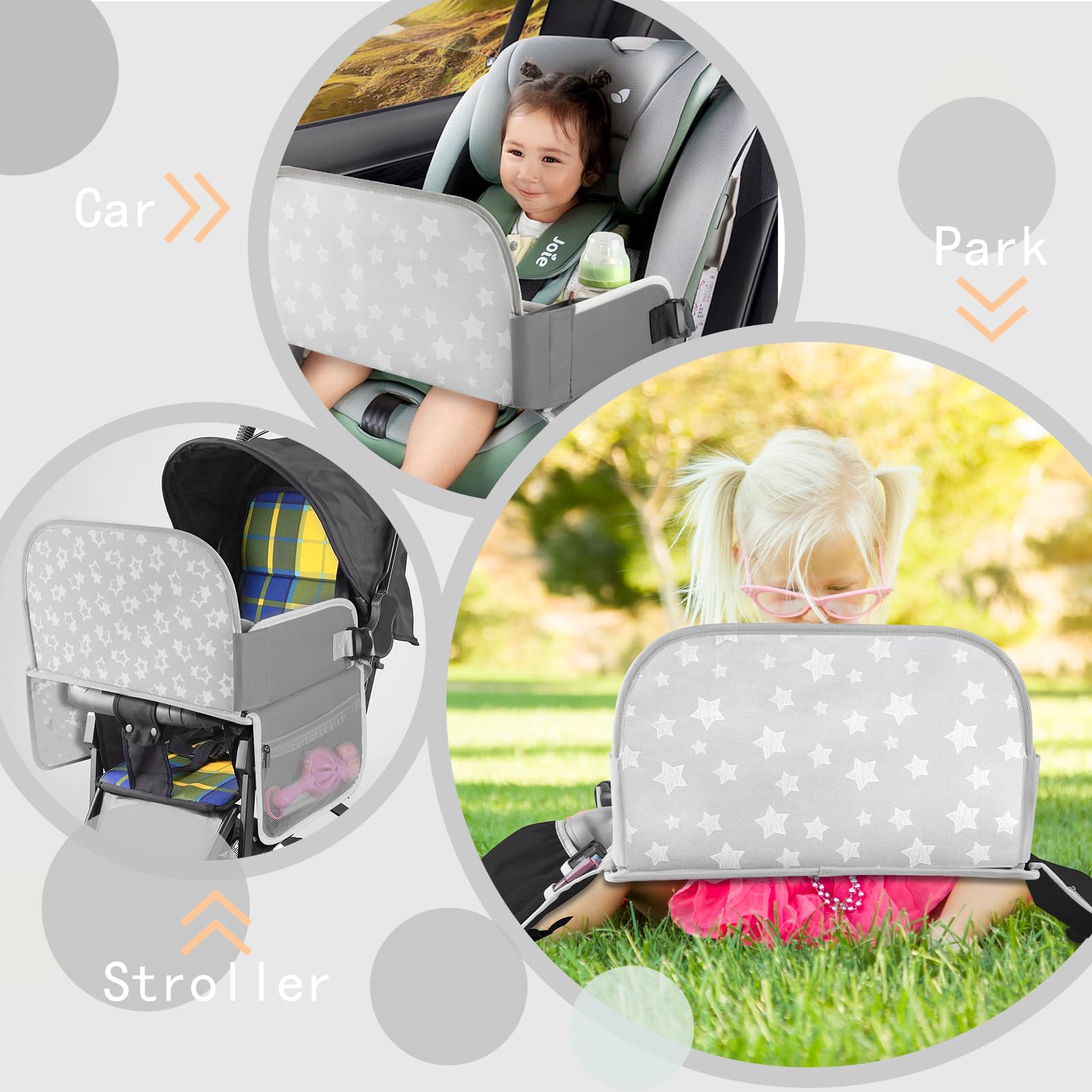 MENZOKE Kids Travel Tray Car Seat Tray for Boys or Girls Travel Gifts with Educational Drawing Board, Tablet Holder & Cooler Cup Holder, Road Trip Essentials for Car Trip, Airplane, Grey