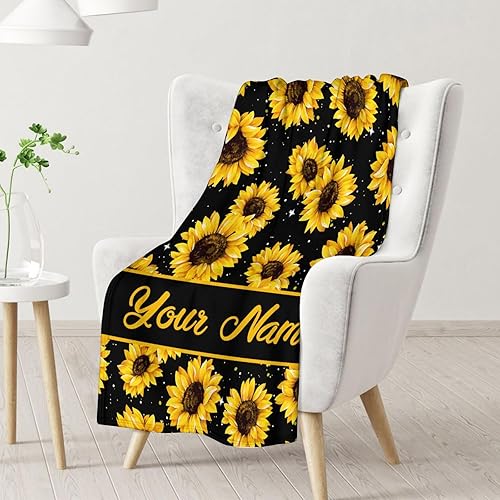 Miniatura 2 de Manta de girasol personalizada con nombre, suave, mullida y cálida, 60 x 50 pulgadas, para cama, sofá, manta amarilla, bonita manta de regalo para