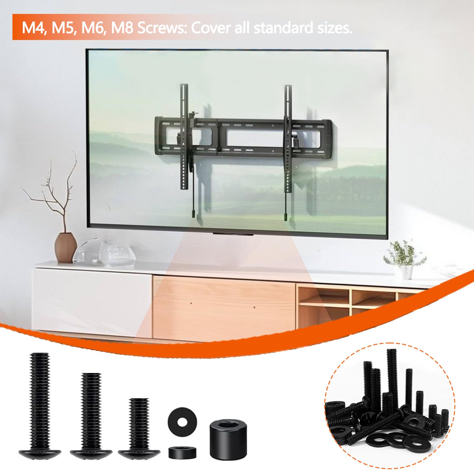 Kit Vis VESA/Montage TV (Noir/Fer) M4/M5/M6/M8+Rondelles/Entretoises.Compatible Supports Mural&TV-Standfüße,Vis de Remplacement Universel