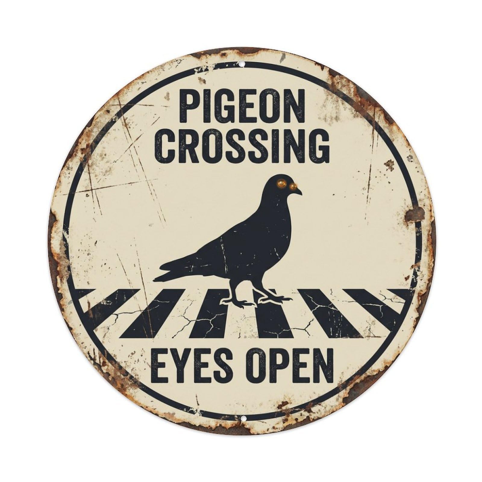 Metal Tin Sign Pigeon Crossing Eyes Open Faded