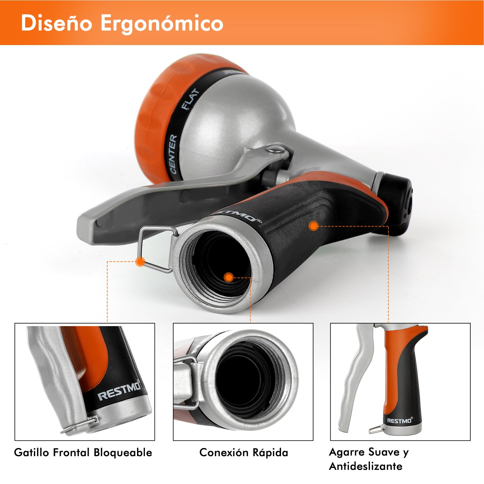 RESTMO Pistola de Riego de Metal, Pistola Manguera Jardín Alta Presión, 7 Modos de Pulverización Ajustable, Ideal para Regar Plantas y Césped, Lavado de Coches y Mascotas, Naranja