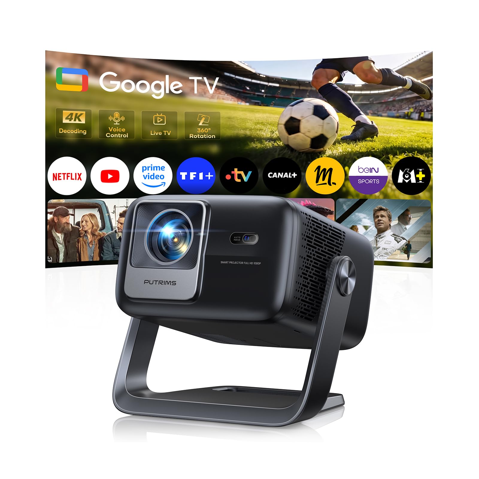 Putrims 4K【Google TV/36W Speaker/1300 ANSI】 Rétroprojecteur Home Cinéma 4K Auto Focus/Keystone Rotatif 360°,...