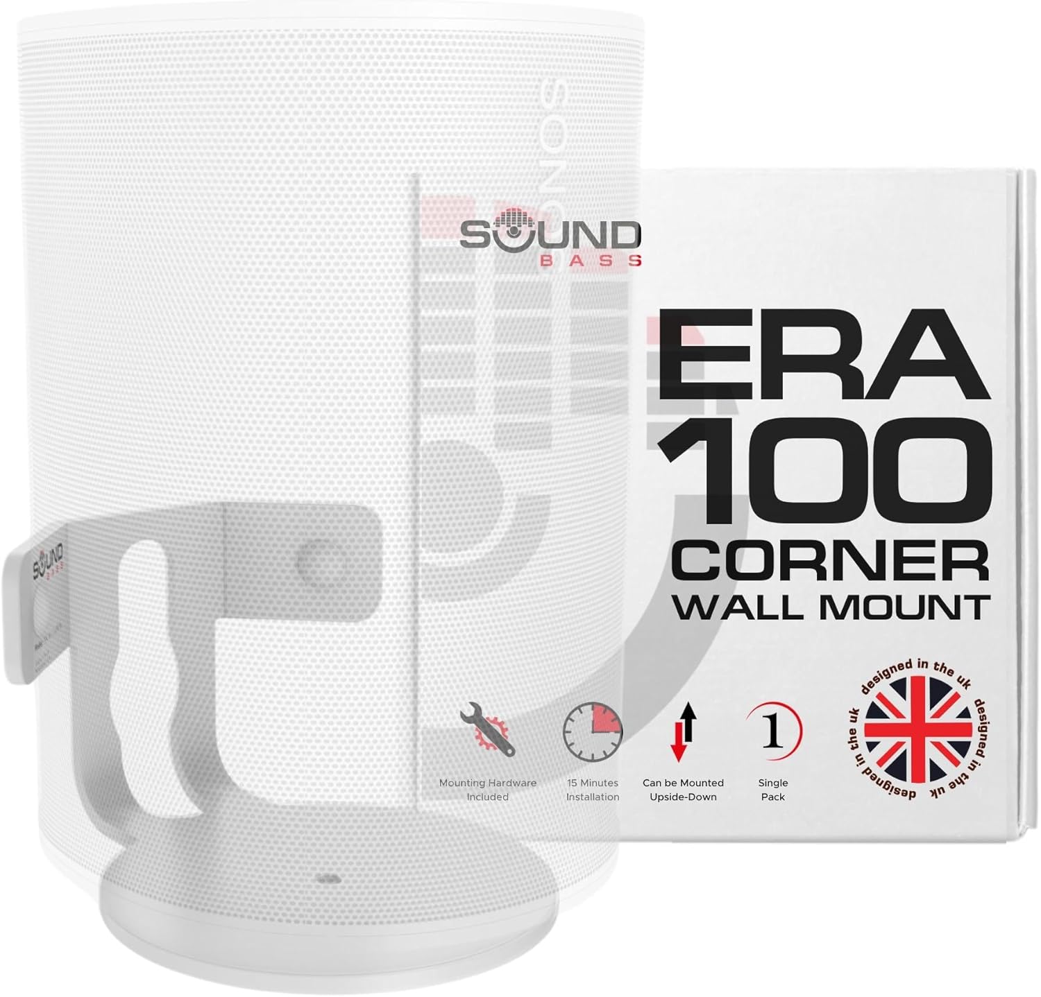 Sound Bass ERA100 Corner Wall Mount Bracket - Low Profile, White, Single (1pc), Complete with All Mounting Hardware Compatible with Sonos ERA 100 Speaker