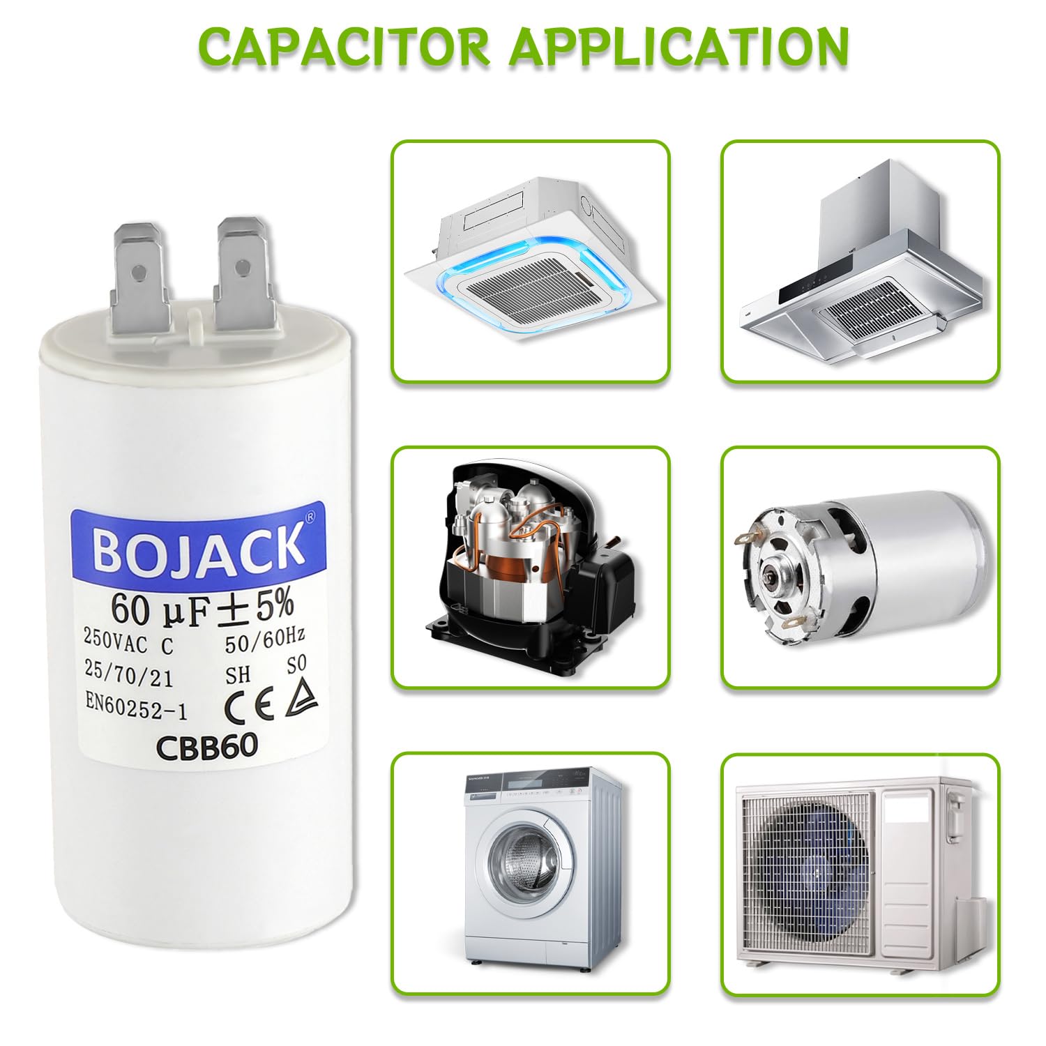 BOJACK CBB60 60uF±5% 250 Volt 50/60Hz AC Capacitor Round Run Start Capacitor with Two Sets of Inserts for AC Motor Run Condenser Straight Cool Heat Pump Pool Pump or Air Conditioner