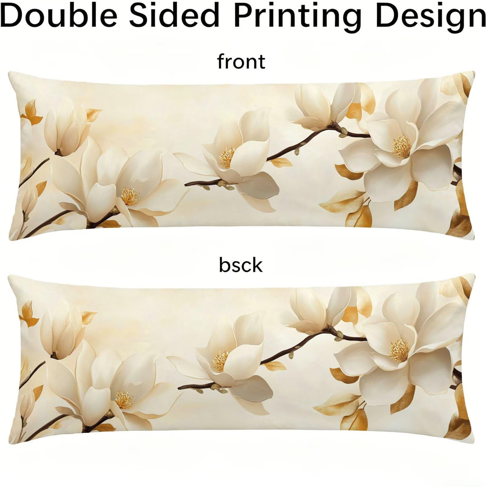 Funda de Almohada 60 x 180 cm Crema Protector Almohada 180 cm con Cremallera Invisible, Lino Durable y Transpirable Pillow Case Largas Flor Impresión a Doble Cara para Cama, Sofá y Dormitorio dg-227