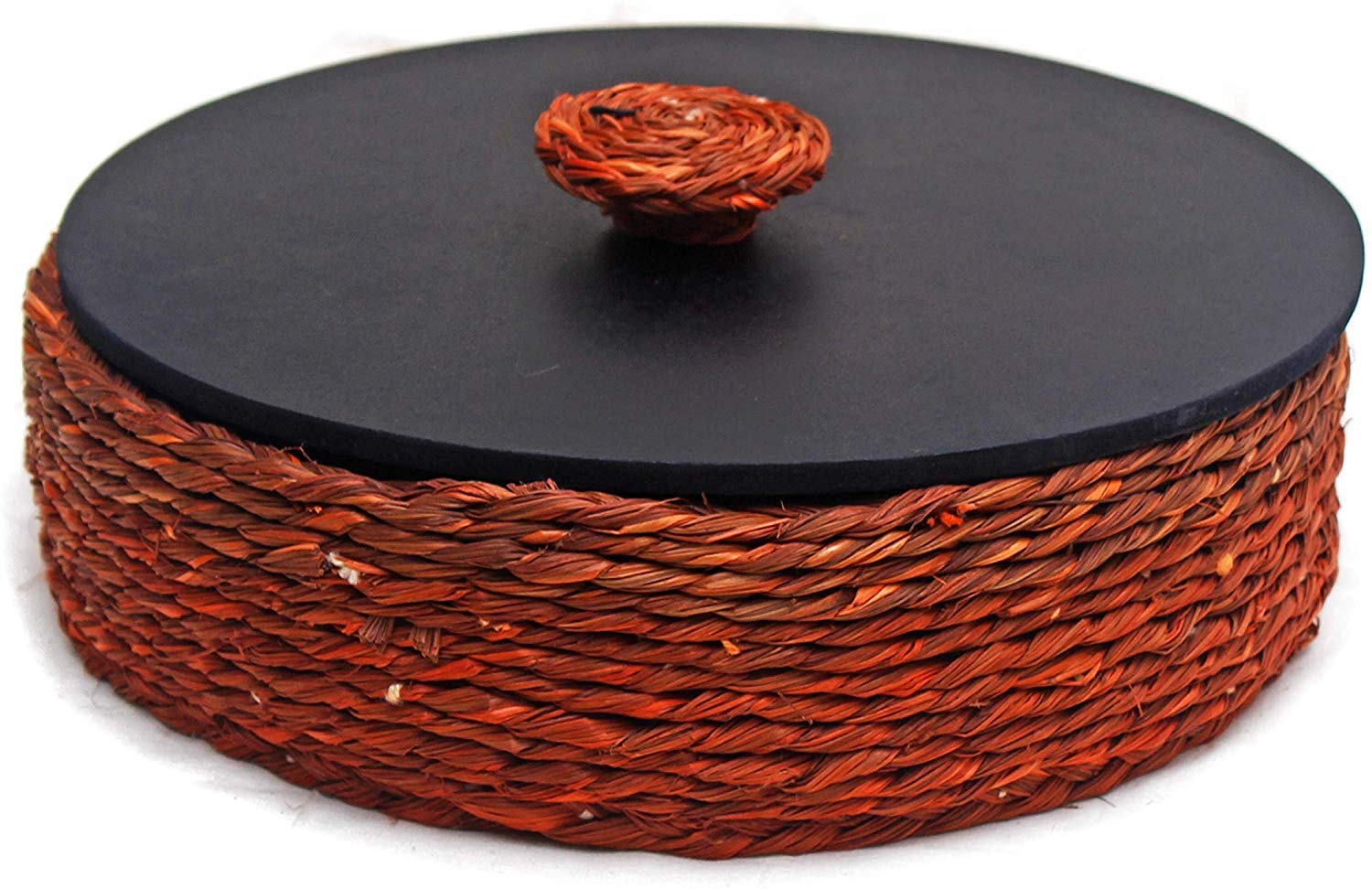 KADAM HAAT Handmade Sabai Grass Roti Box With Wooden Lid - Casserole, Organiser, Storage Container for Serving on Dining Table - Round Base, Orange