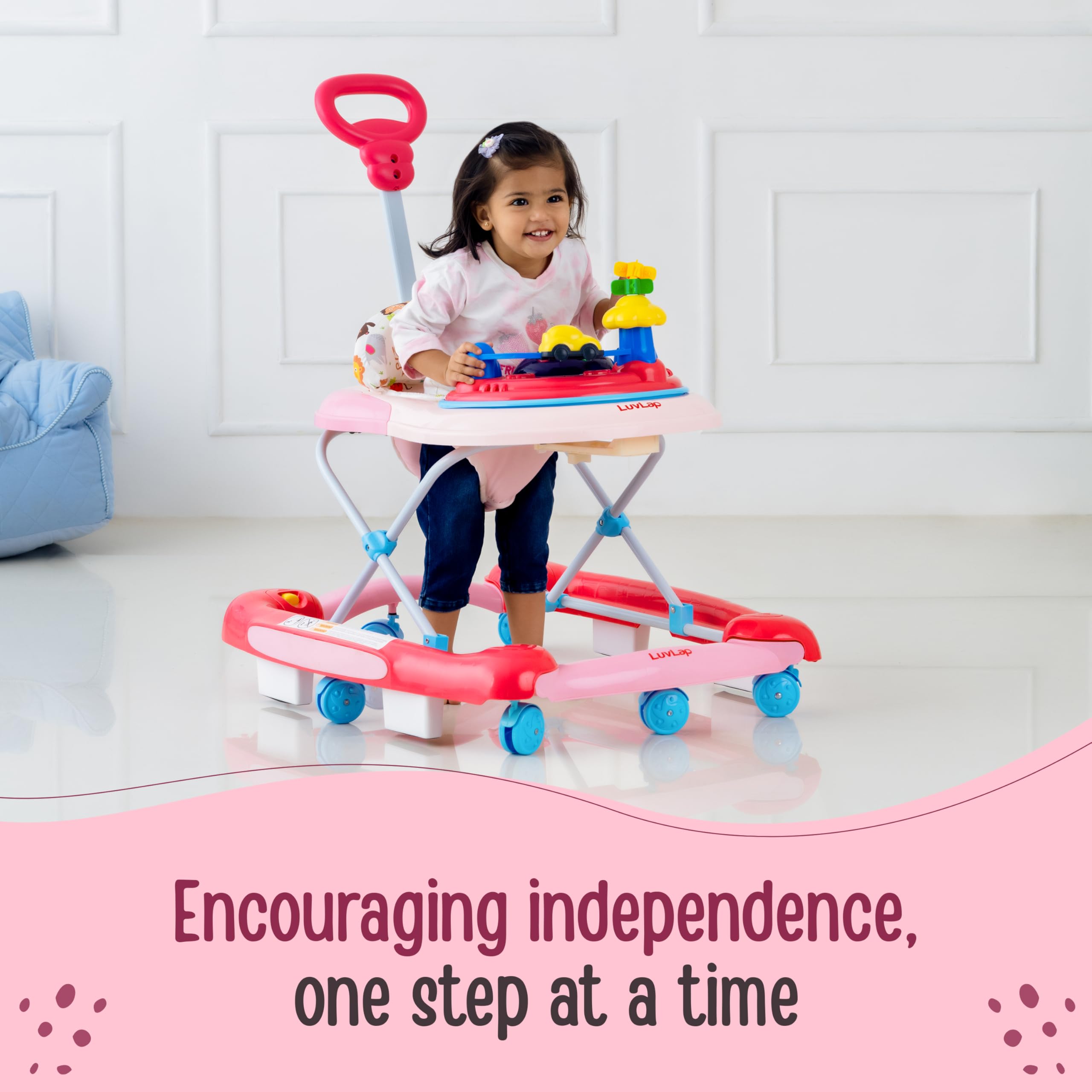LuvLap Comfy 2-in-1 Baby Walker & Rocker with Parental Push Handle, Anti Fall, Anti Skid Mechanism, Height Adjustable with Light, Rattle & Musical Toys, Cushioned Walker for Baby 6-18months (Pink)