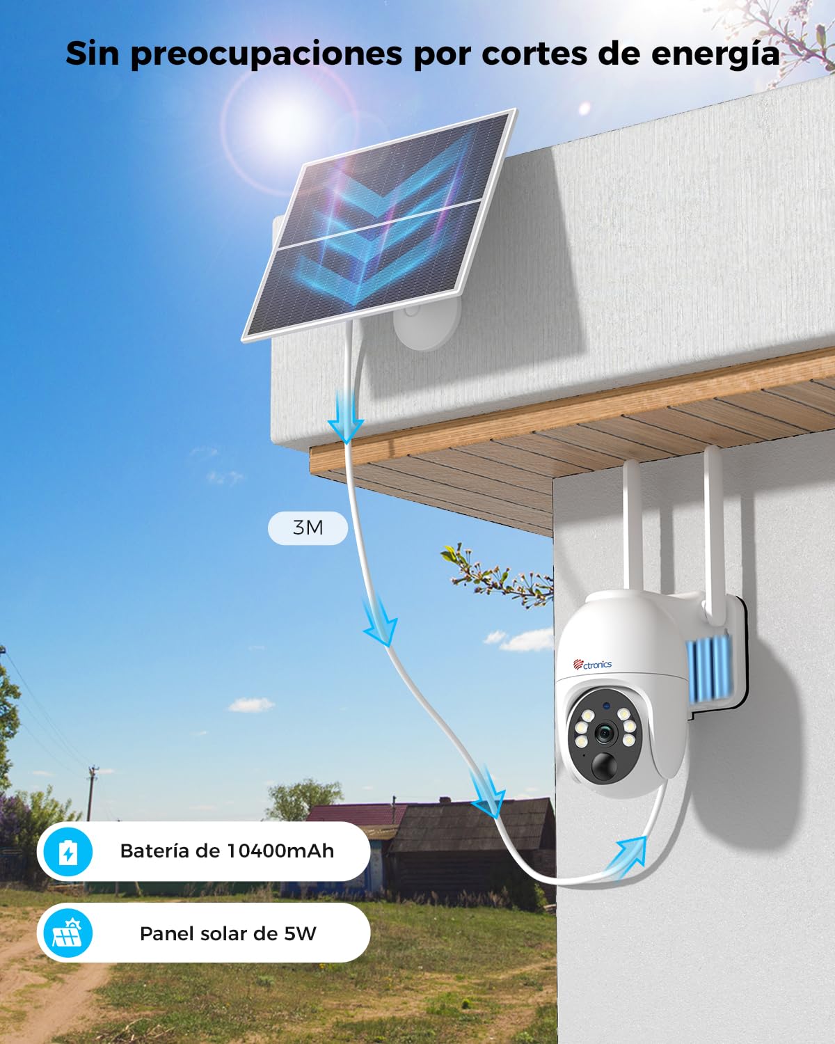 Ctronics 2K 4G LTE Camara Vigilancia Exterior Solar, PTZ IP Cámara | Vigilancia Sim Sin Cables, 10400mAh Batería, PC/Cloud/FTP, Visión Nocturna Color, Detección Movimiento PIR (Blanco)