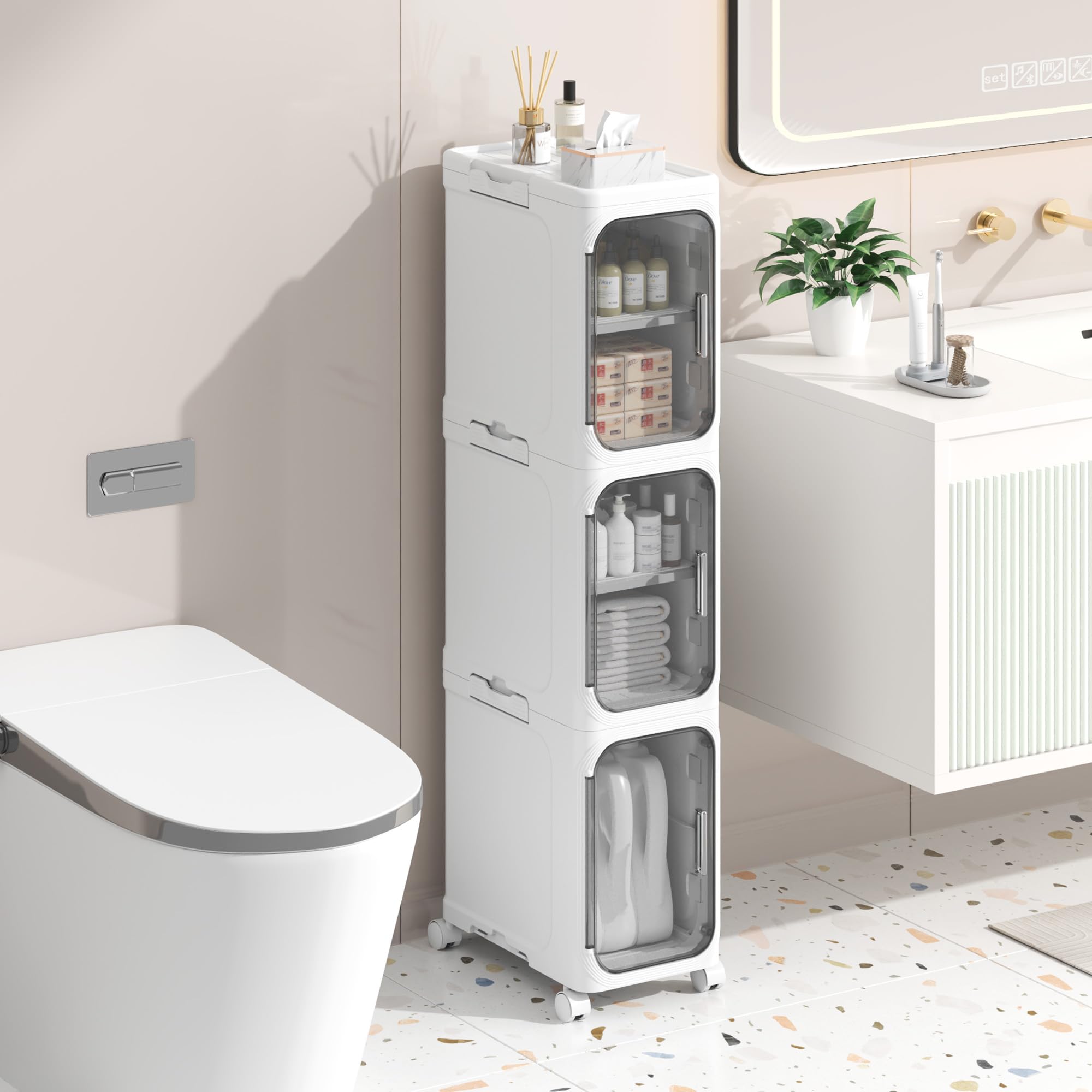 Badezimmerschrank, 20cm Schmaler badschrank aus Kunststoff mit Tür, wasserdichter Kleiner Rollwagen mit Rädern, Regal für Badezimmer, Wohnzimmer, Küche (21W*97H*34D)
