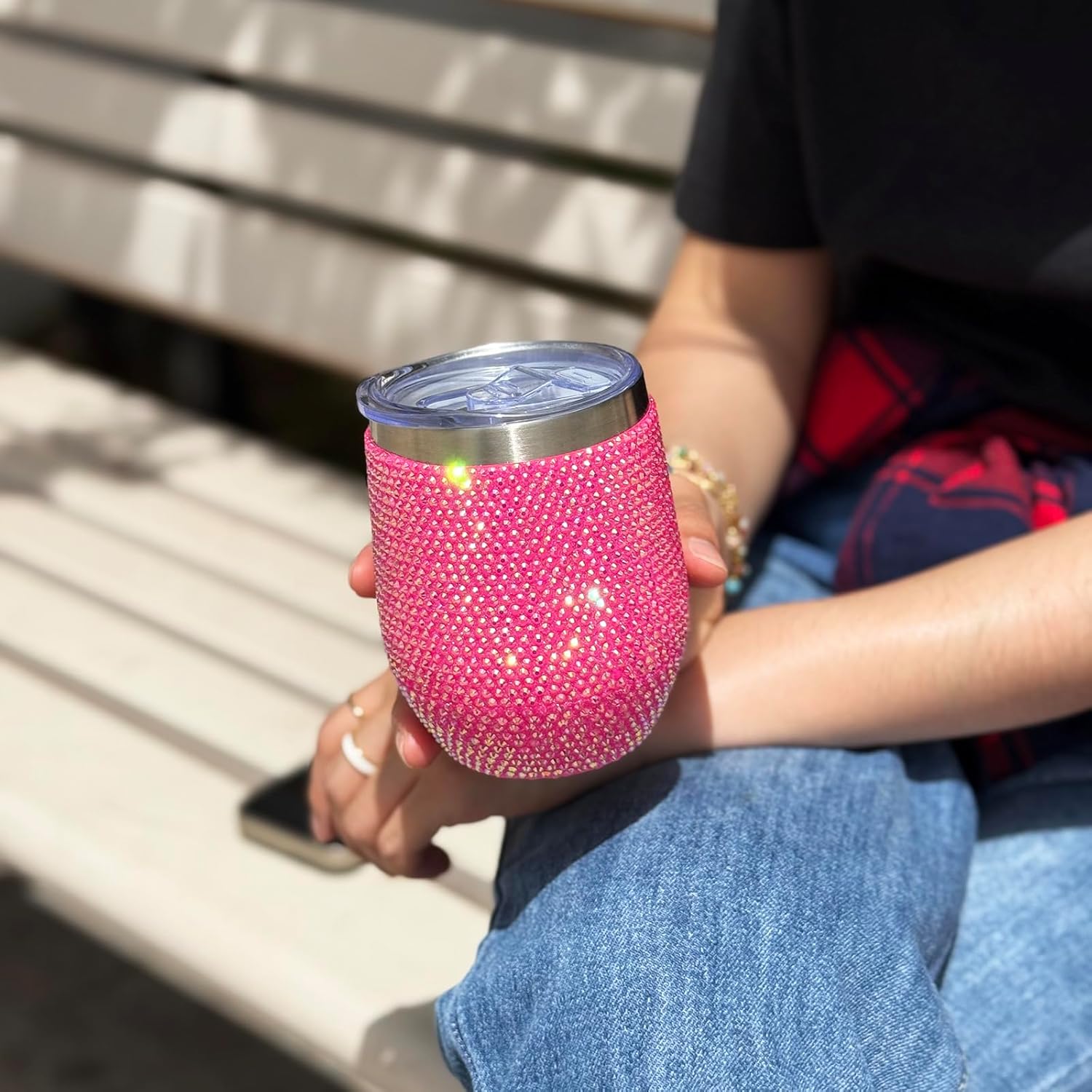 12 oz Bling Wine Tumbler with Lid Rhinestone Insulated Wine Glass Tumbler Double-Wall Vacuum Stainless Steel Coffee Mug Sparkly Travel Cup for Beer Champaign Cocktail (Hot Pink) - Image 7