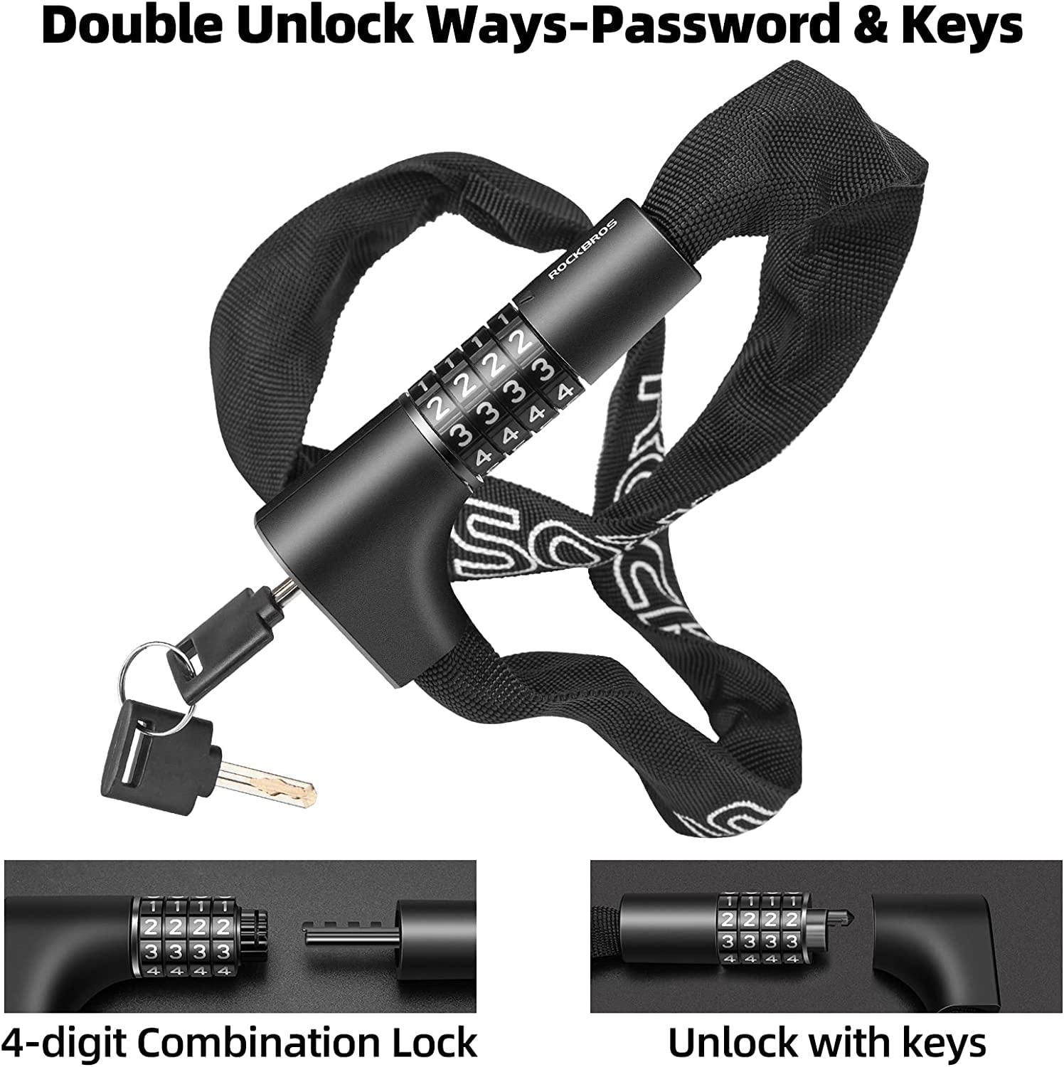 Lucchetto Catena Bici ROCKBROS 95cm - Acciaio Antitaglio 15.61mm, 2 Chiavi Per E-bike - Foto 7