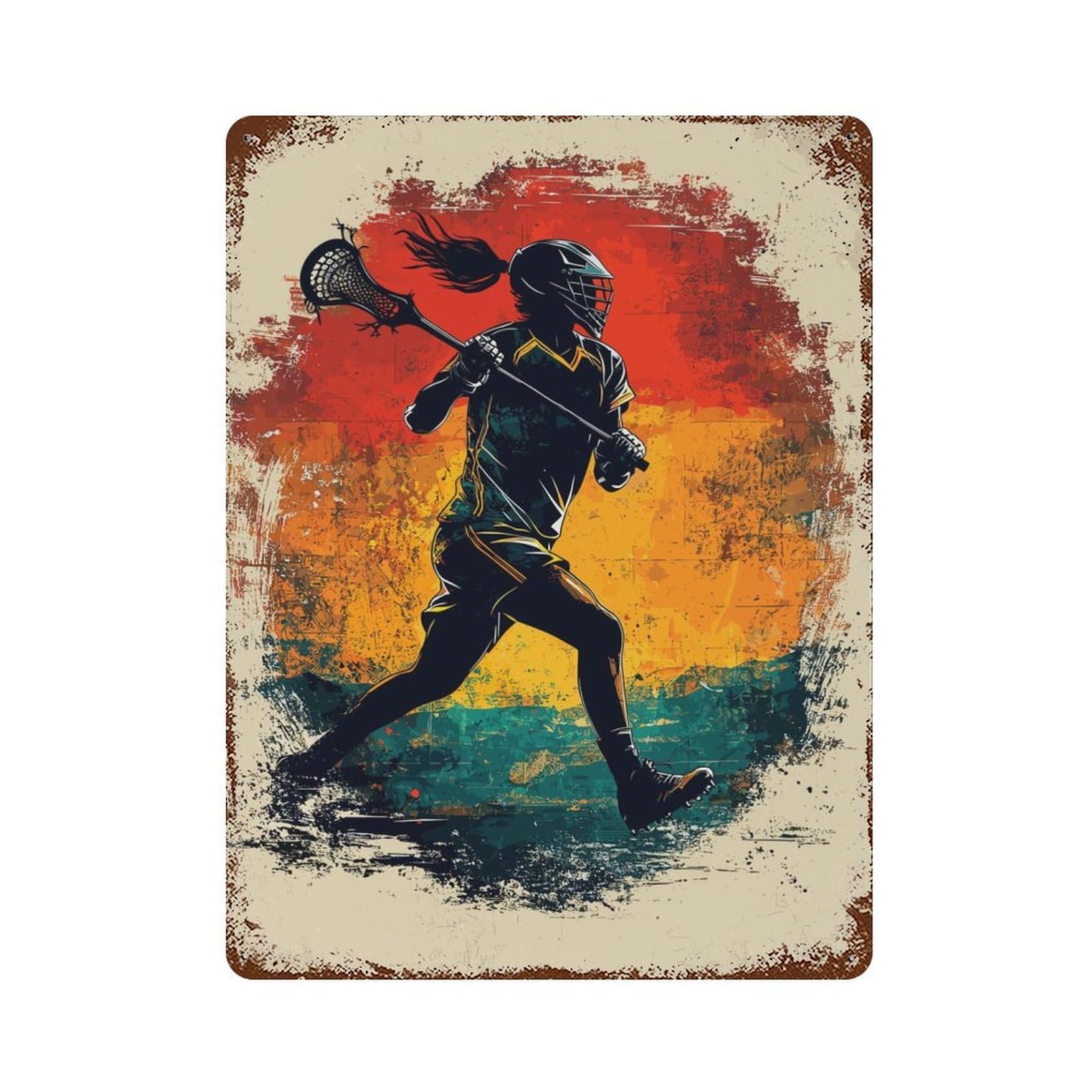 Garage Style Lacrosse Player Silhouette Rustic Tin Plaque 15.7"x11.8", Classic Wall Plaque for Bar And Workshop