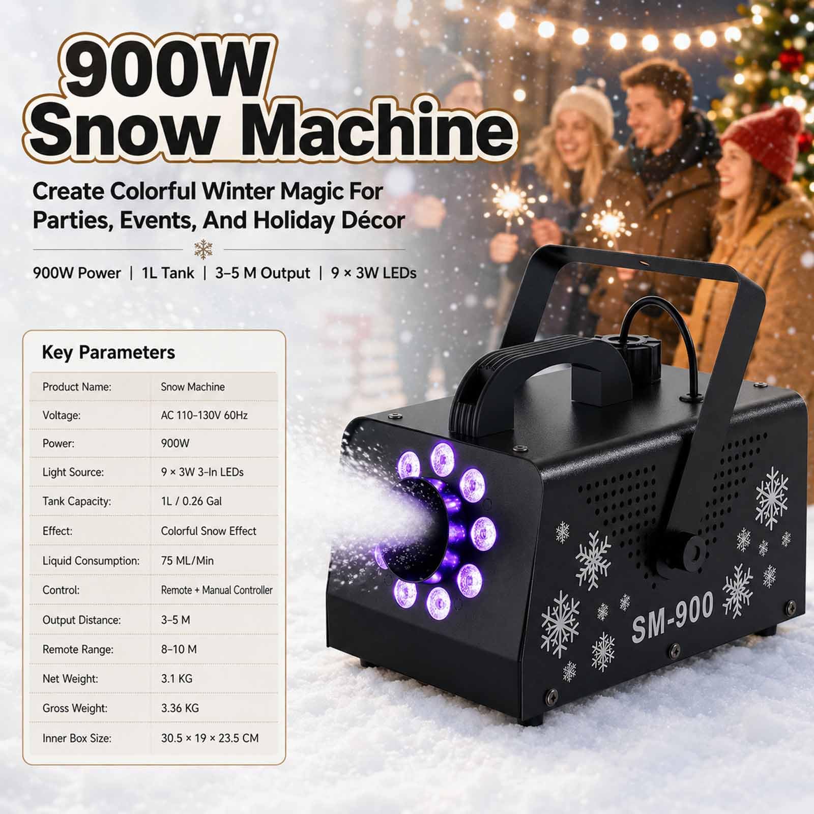 Macchina Per Fiocchi Di Neve Artificiali Da 900 W, 9 Led Con 15 Effetti Luminosi Colorati, Doppia Maniglia E Telecomando, Distanza Di Emissione 3-5 M E Distanza Del Telecomando 8-10 M