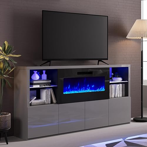 AMERLIFE 68" Modern High Gloss Fireplace TV Stand, Fireplace Entertainment