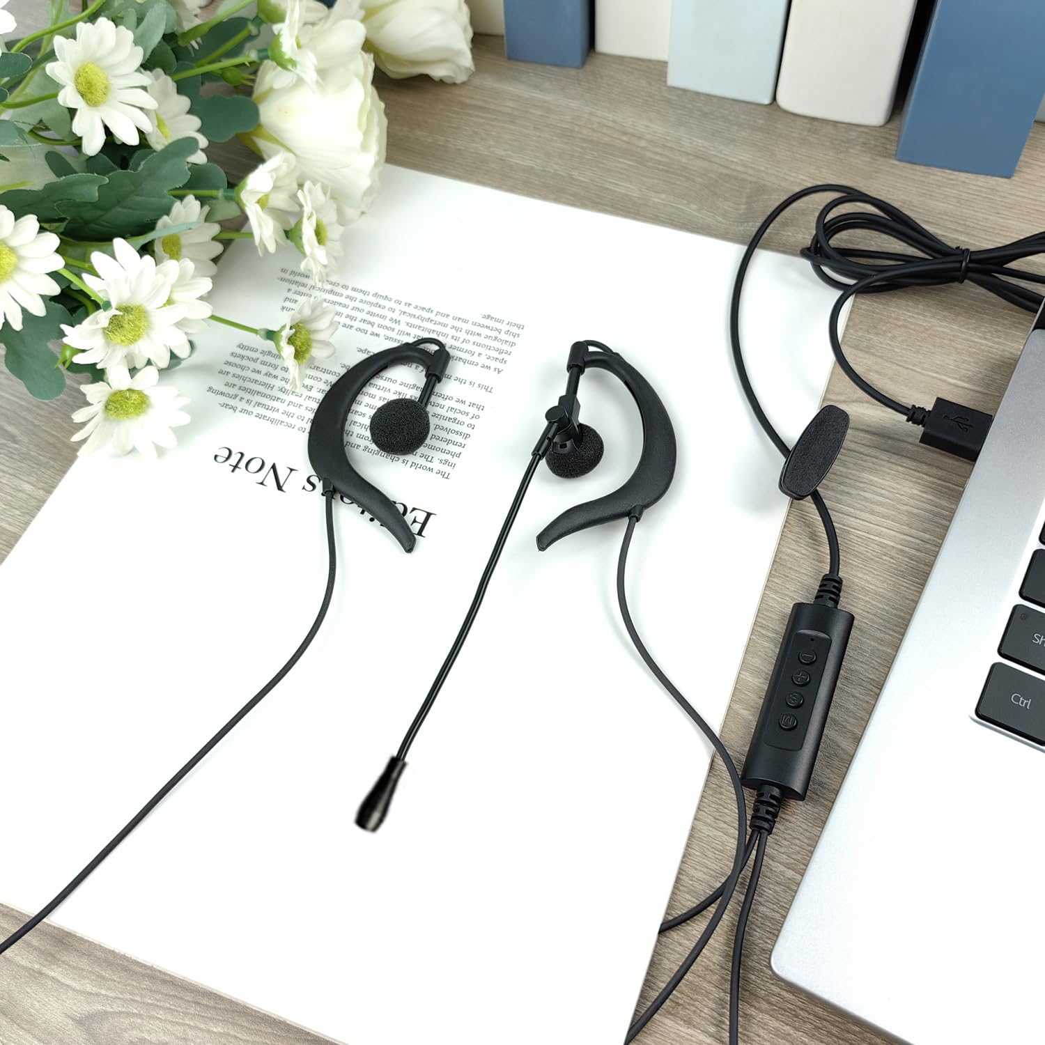 Słuchawki douszne USB z mikrofonem, przewodowe słuchawki douszne USB ze sterowaniem audio online, kompatybilne z komputerami PC, laptopami, Mac, Zoom, zespołami, biurami