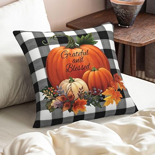 Miniatura 3 de Juego de 2 fundas de almohada de otoño de 16 x 16 pulgadas, diseño de calabaza a cuadros de otoño de lino, decoración de Acción de Gracias,