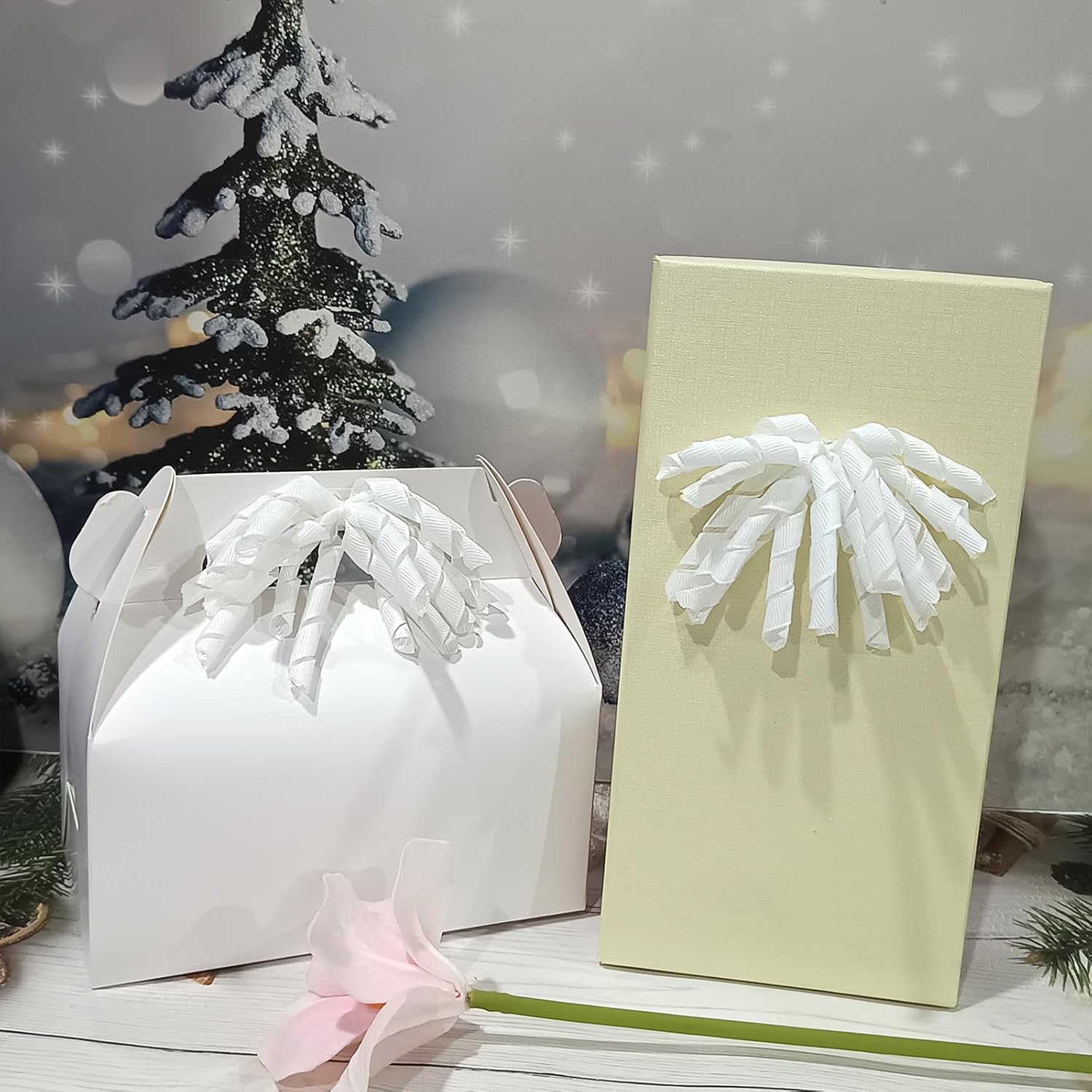 White Gift Bows Curly Ribbon Self Adhesive Twist Tie Bows for Treat Bags, Grosgrain Ribbon, 4 Inches, 6 Packs - Image 3