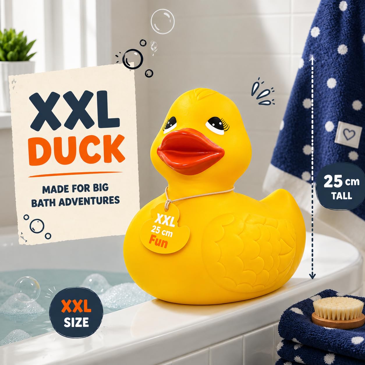 MIJOMA Anatra di gomma gigante da bagno | Compagno di giochi acquatici perfetto per bambini e adulti | Materiale di alta qualità e durevole | Versione XXL con altezza di 25 cm (giallo)