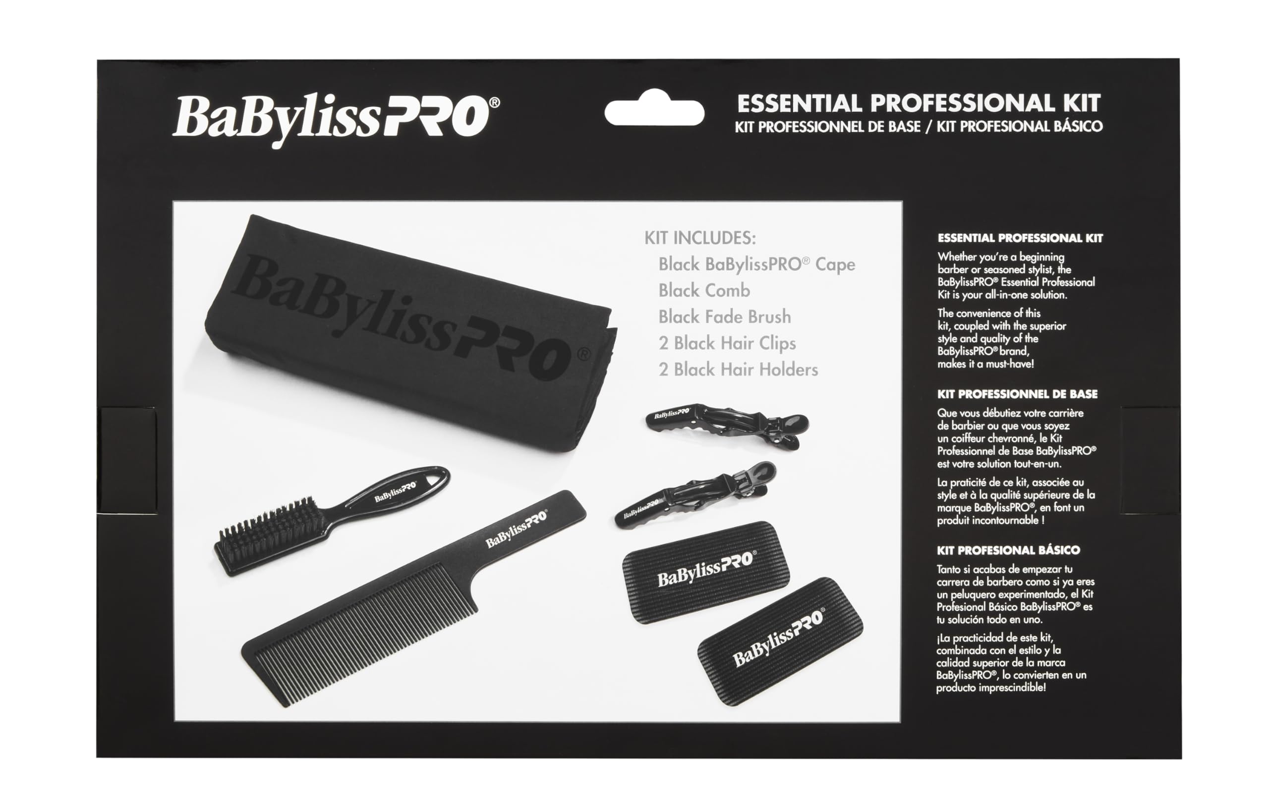 BaBylissPro Essentielles Profi-Set – Friseurumhang, Kamm, Verblassbürste, Haarspangen und Haarhalter