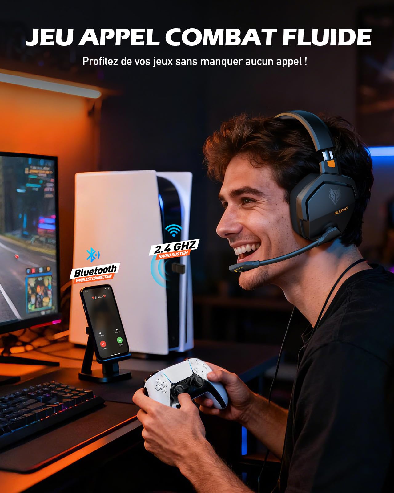 NUBWO G06 Double Casque Gaming sans Fil avec Microphone pour PS5, PS4, PC, NS, Mobile: 2,4 GHz Wireless + 5,3 Bluetooth - Batterie de 100 Heures - Pilotes de 50mm - Orange