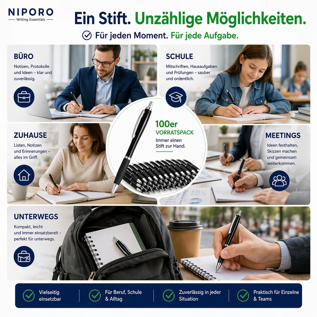 100 Kugelschreiber Blau oder Schwarz – alle mit blauer Tinte - Kugelschreiber Set weich schreibend, gleichmäßiger Tintenfluss, Soft-Grip – Vorratspack für Büro, Schule und Teams (100, Schwarz)