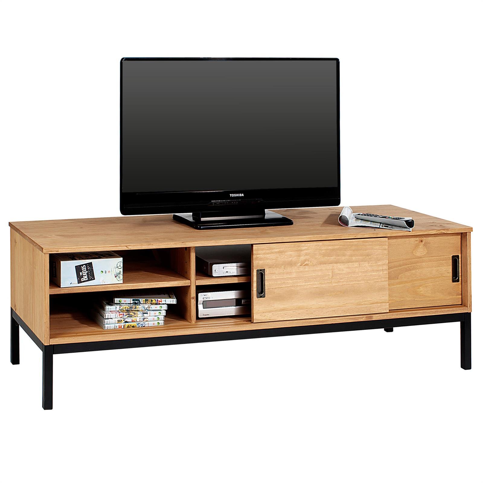 IDIMEX Lowboard TV Möbel Selma, Fernsehtisch Fernsehschrank im Industrial Design mit 2 Schiebetüren 1 offenes Fach, Kiefer massiv, gebeizt/gewachst