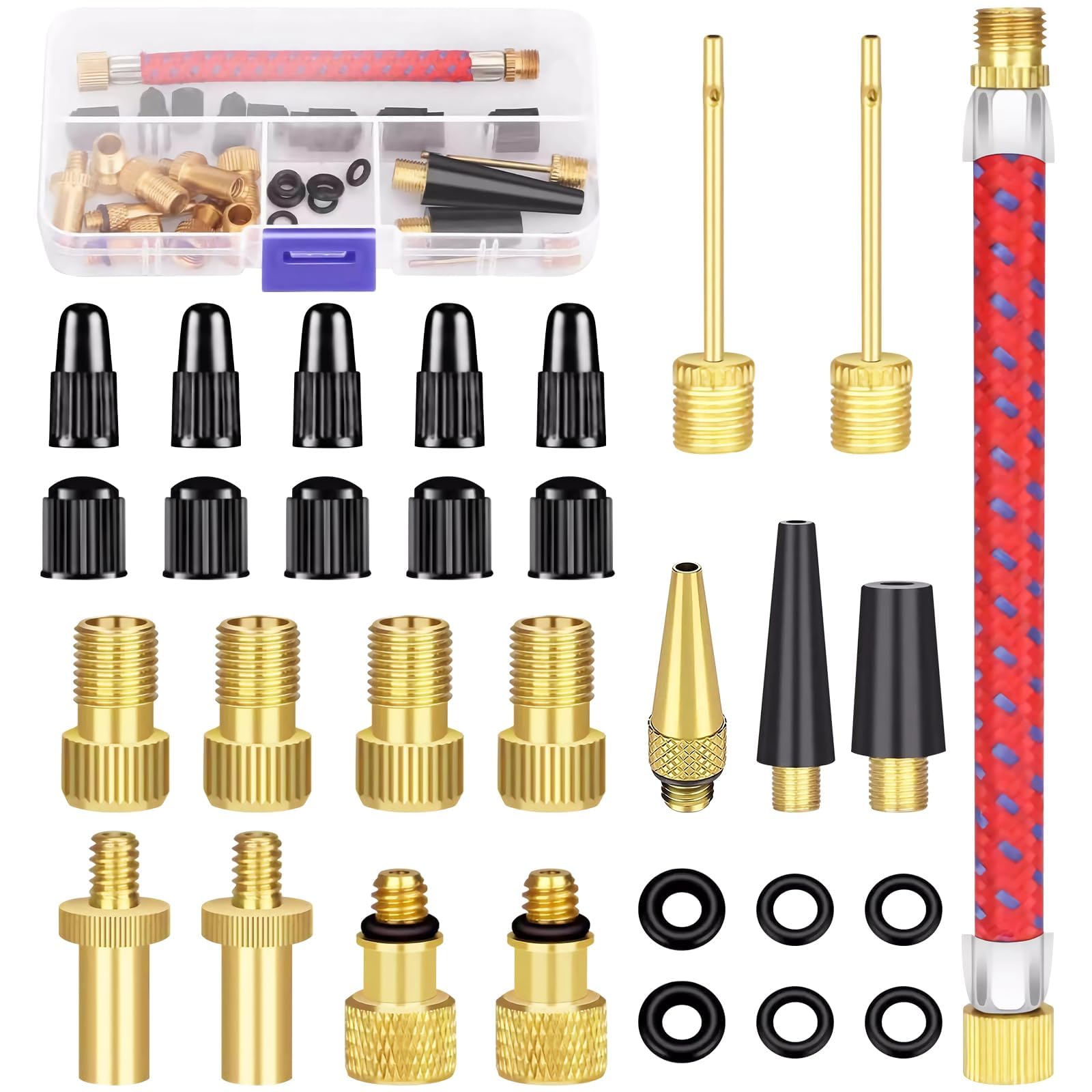 Bike Valve Adapter Set, 30pcs Bicycle Pump Air Valve Converter, Bike Inner Tube Patch Kits, Bike Tire Valve Adapters, Ball Pump Needle Nozzle Inflator Kit for Bike Tire, Gym Ball, Inflatable Toy
