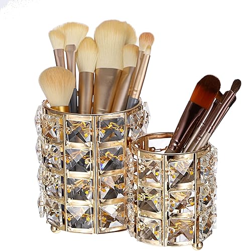 Miniatura 8 de Hipiwe Soporte para brochas de maquillaje, organizador de brochas de maquillaje de cristal dorado brillante, soporte redondo para control remoto,