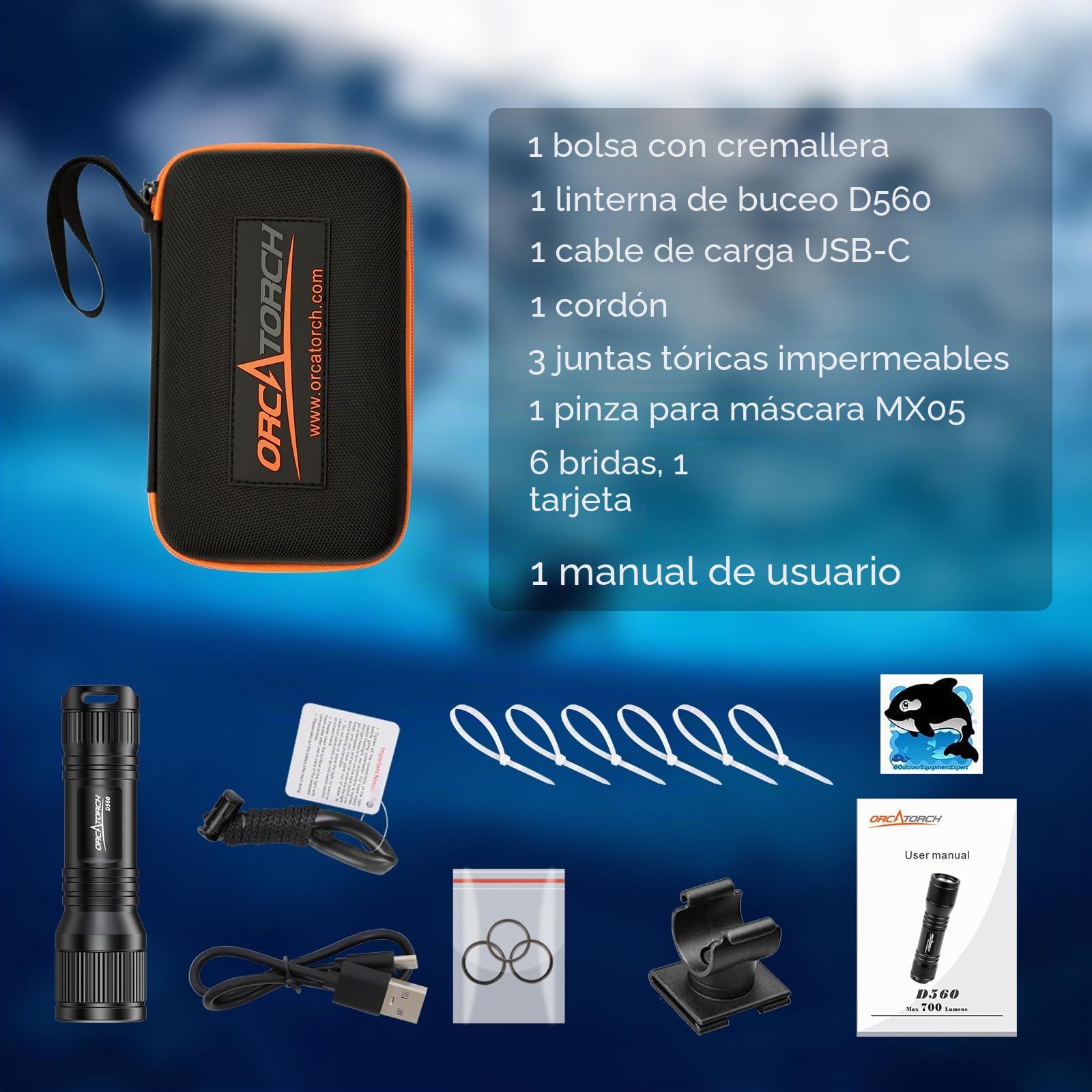 ORCATORCH D560 - Mini linterna frontal de buceo de 650 lúmenes, linterna de buceo con clip giratorio de 360°, faro de respaldo submarino de 150 m con interruptor giratorio (no incluye máscara de