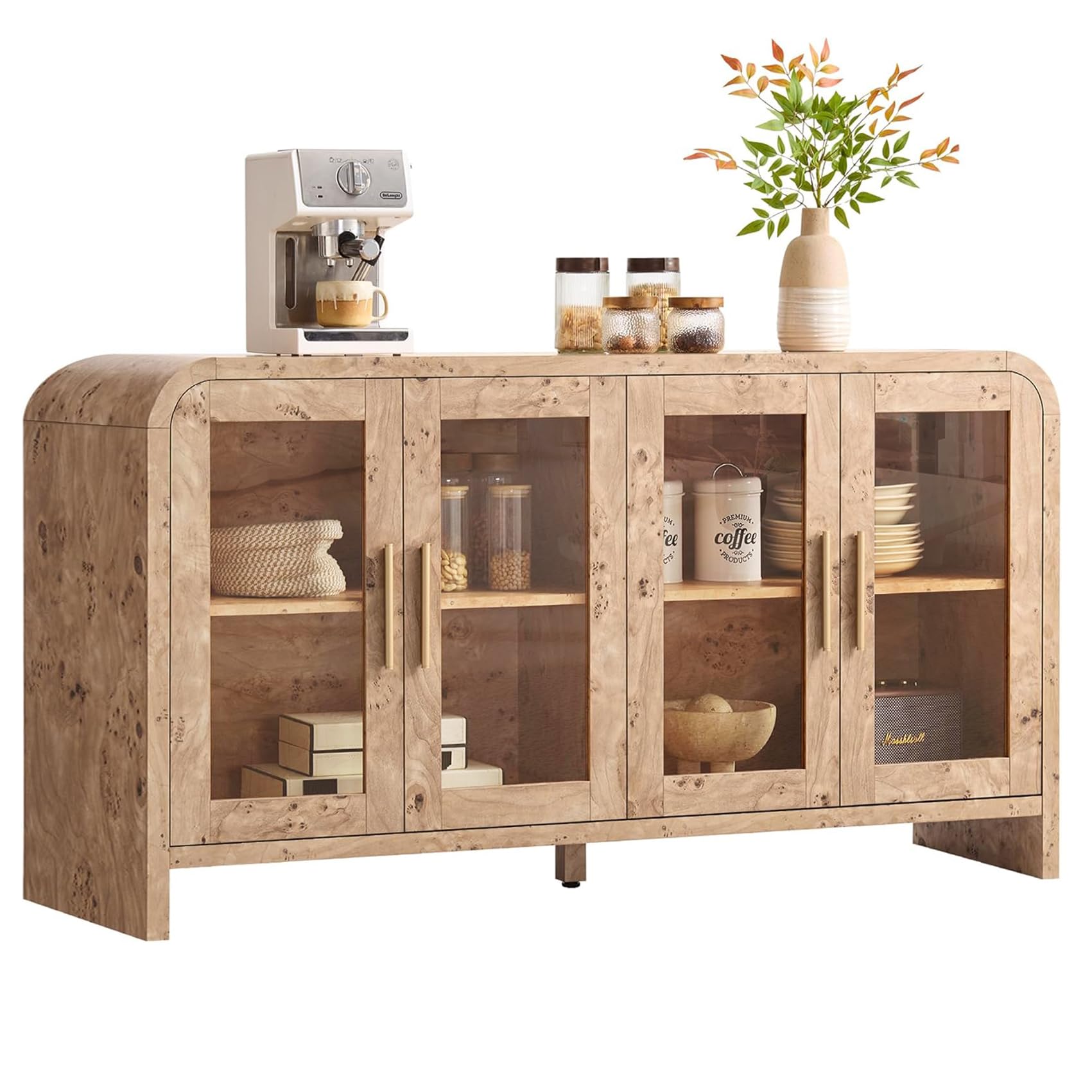Sideboard Buffet Cabinet Unique Curved Large Credenza Storage Cabinet with 4 Glass Doors, FSC-Certified Wooden Board Console Cabinet, Kitchen Coffee Bar Cabinet for Living Room, Hallway