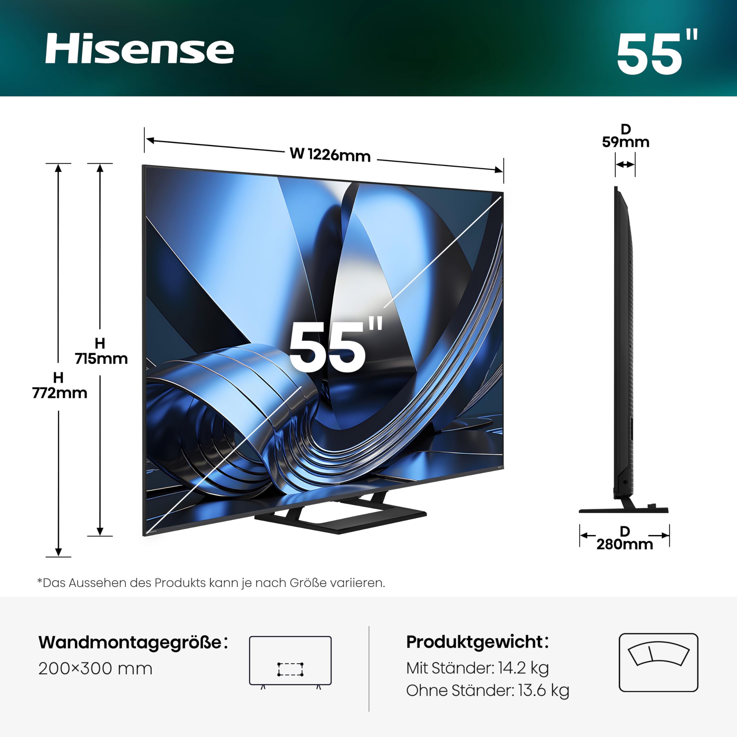 Hisense 55U7DSE Fernseher 55 Zoll, 4K UHD, Hi-QLED Mini LED, Smart TV, 144Hz, Hi-View AI Engine, IMAX Enhanced, AI Lichtsensor, Dolby Vision.Atmos, Tuned by DeVialet, FreeSync Premium Pro [2026]