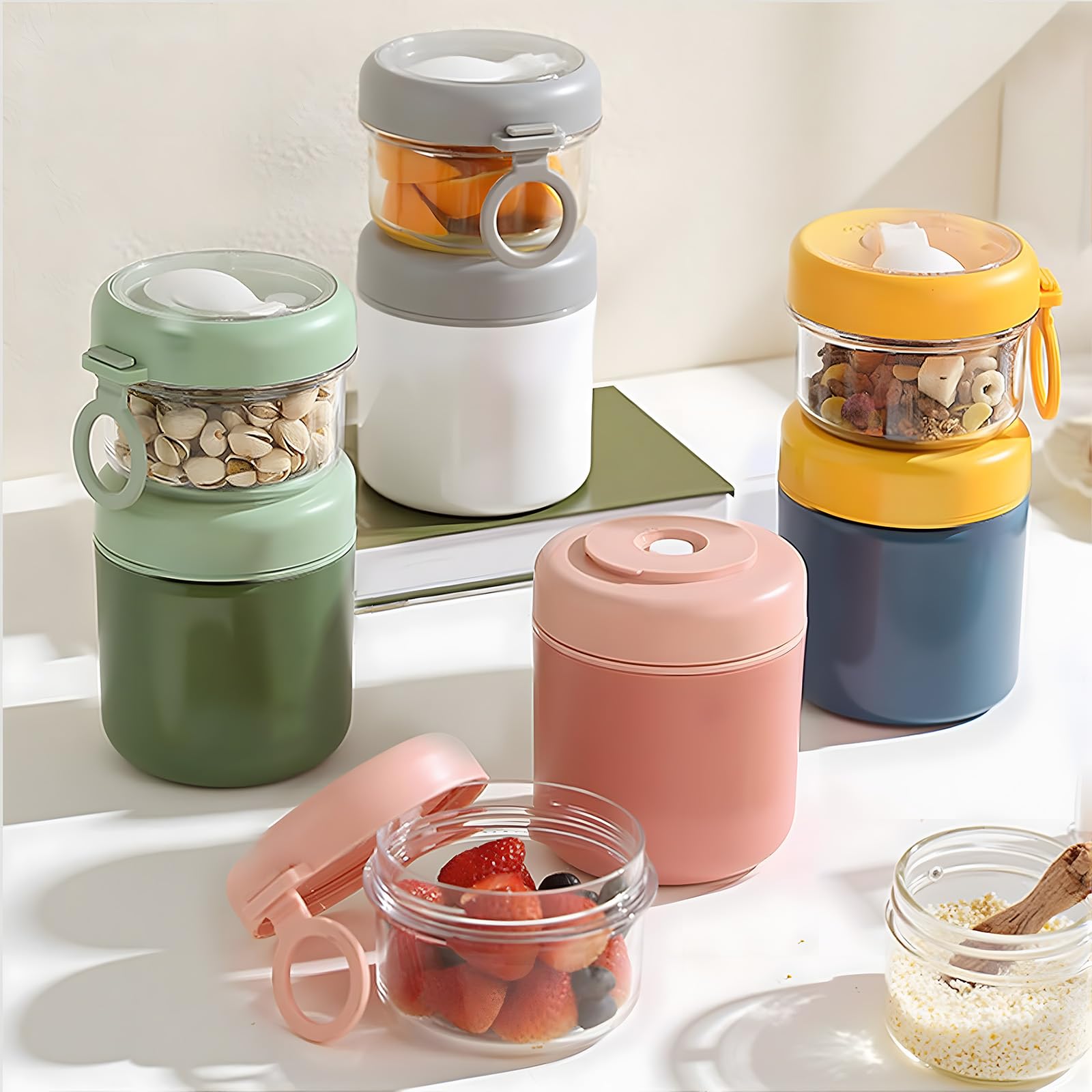 Duży kubek na musli ze stali nierdzewnej, na wynos, z łyżeczką, 530 ml + 330 ml, przenośny, szczelny, nadaje się na śniadanie, do pracy, pikniku (różowy)