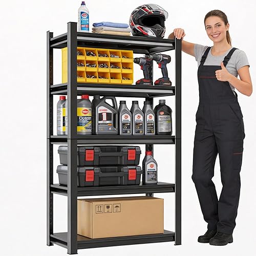 Miniatura 17 de Estantería de metal para garaje, estantes de almacenamiento de acero resistente, capacidad de 3000 libras, estante de metal ajustable de 5 niveles,