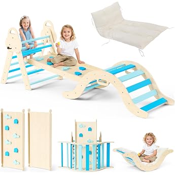 Toddler Climbing Frame Wooden Climbing Ladder for Kids with Cosy Cushion Indoor Montessori Play Gym Blue-7 in 1