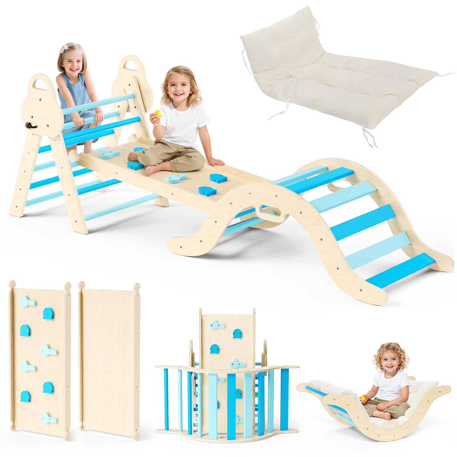 nmoiww Struttura da Arrampicata per Bambini 7 in 1, Scala da Arrampicata in Legno per Bambini con Cuscino Accogliente, Palestra da Gioco Montessori per Interni (Blu-7 in 1)