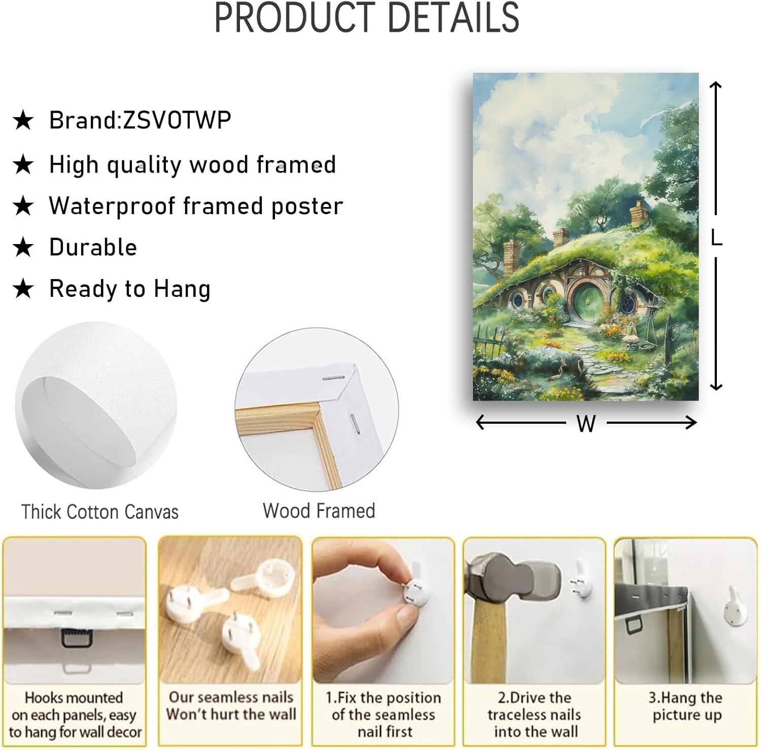 Bag End Watercolor Hobbiton Painting Wall Art, Lord Fantasy Wall Art, The Green Door Fantasy Framed Poster Ready To Hang Aesthetic Room Decor (Framed,16×24 inch)