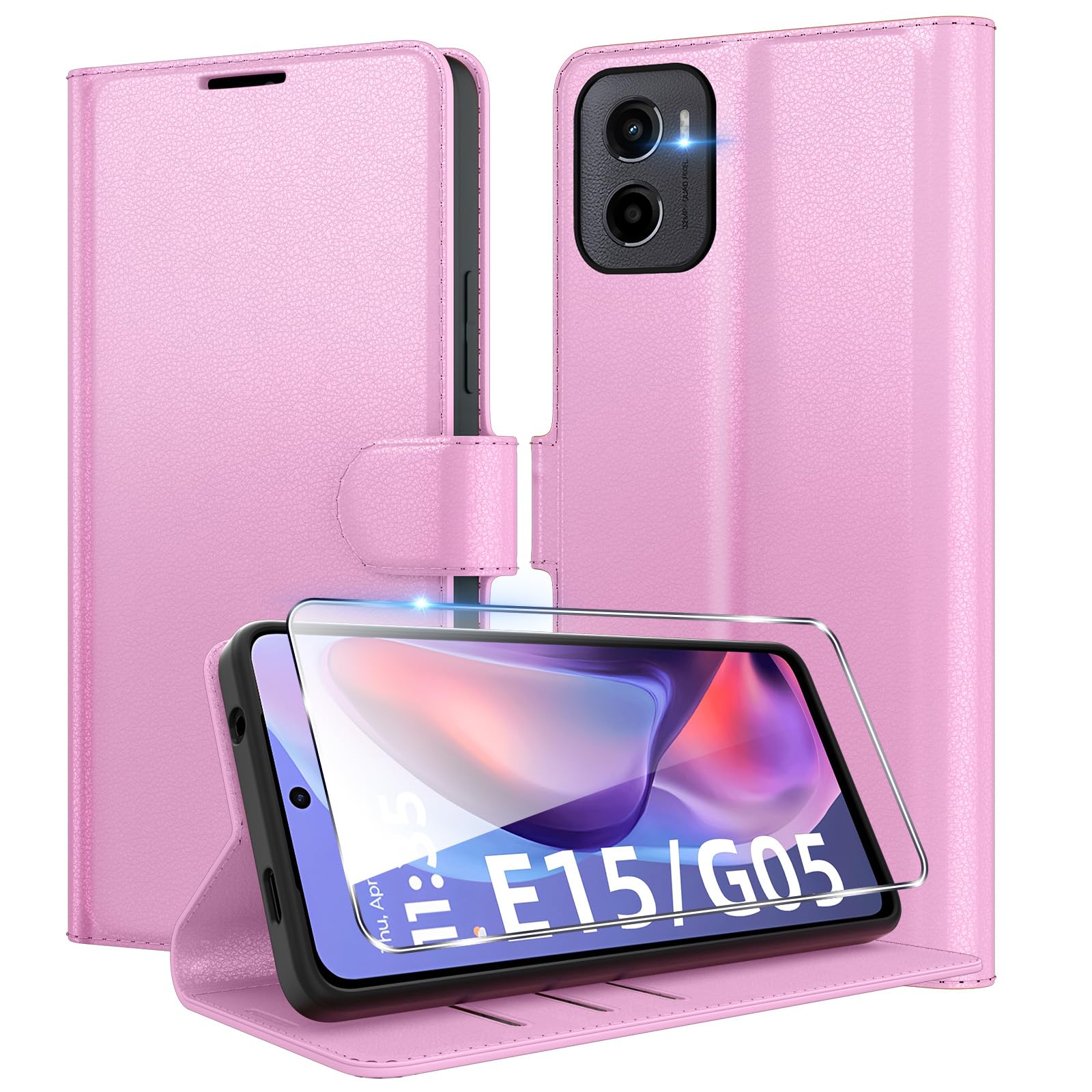 Eirltiy Cover per Motorola Moto E15 / G05 Portafoglio Pelle PU Premium, Custodia Porta Carte Antiurto Bumper Flip Case con 1 Vetro Temperato, Rosa