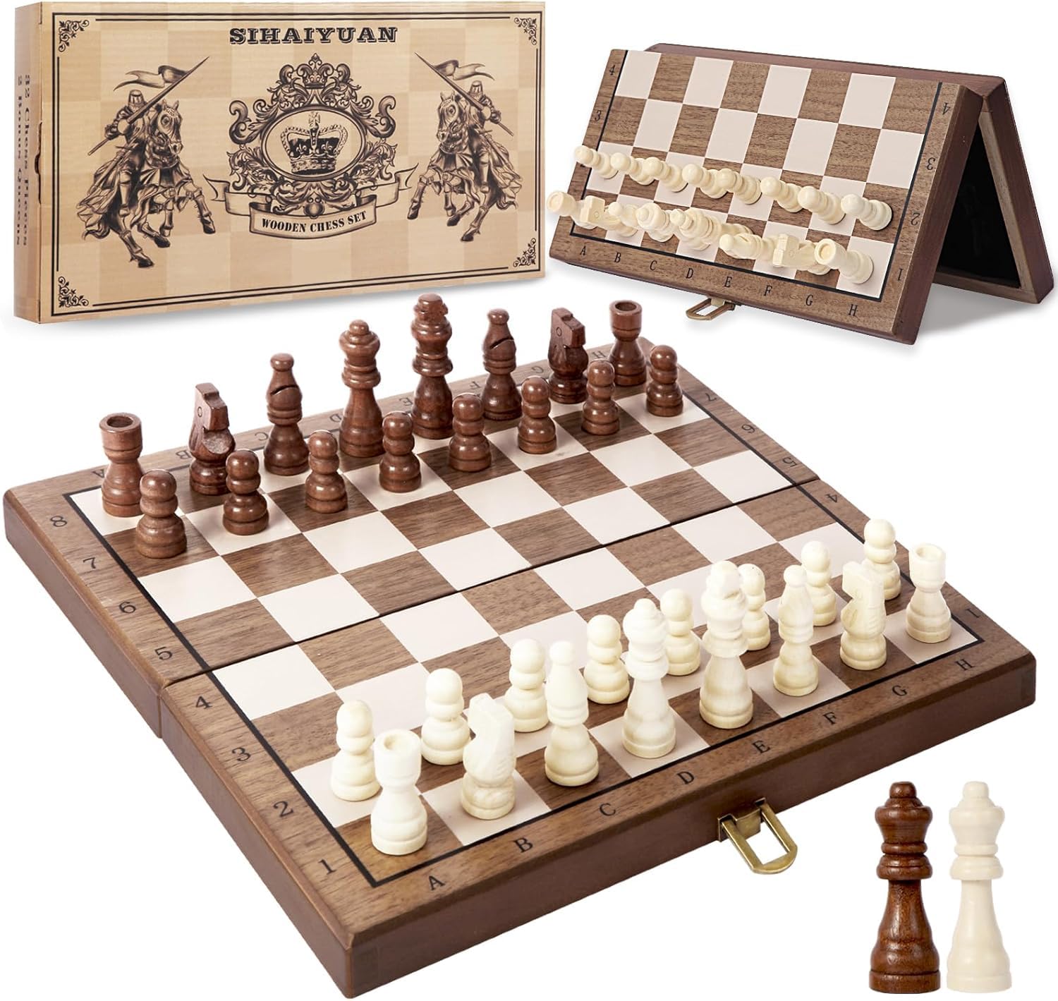 SIHAIYUAN 11.5" Magnetic Wooden Chess Set  Foldable Board, Portable Chess Set for Travel, Compact Design with Magnetic Pieces, Extra Queen Included  Ideal for School Bags, Easy Storage