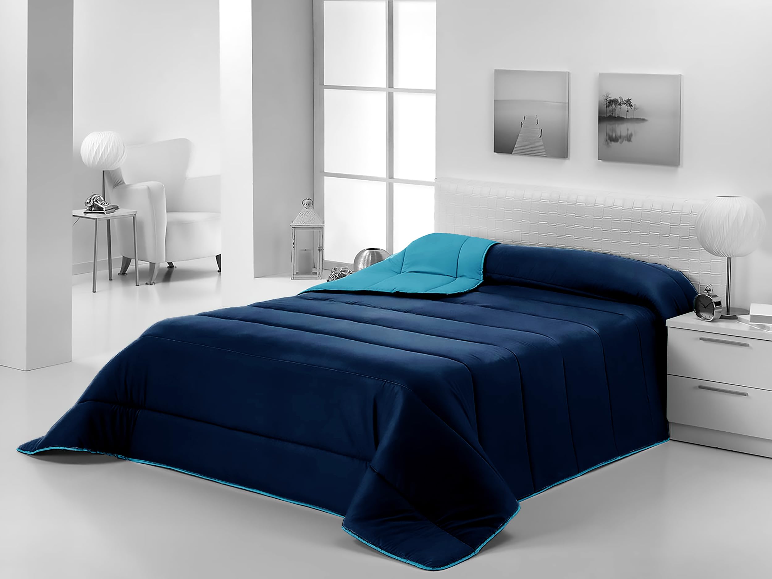 Edredon Nordico Cama 150 para Invierno y Entretiempo. Compatible con Funda Nordica. Relleno Microfibra Tacto Pluma Ligero Reversible. Calidad 300 gr. Color Azulón/Turquesa