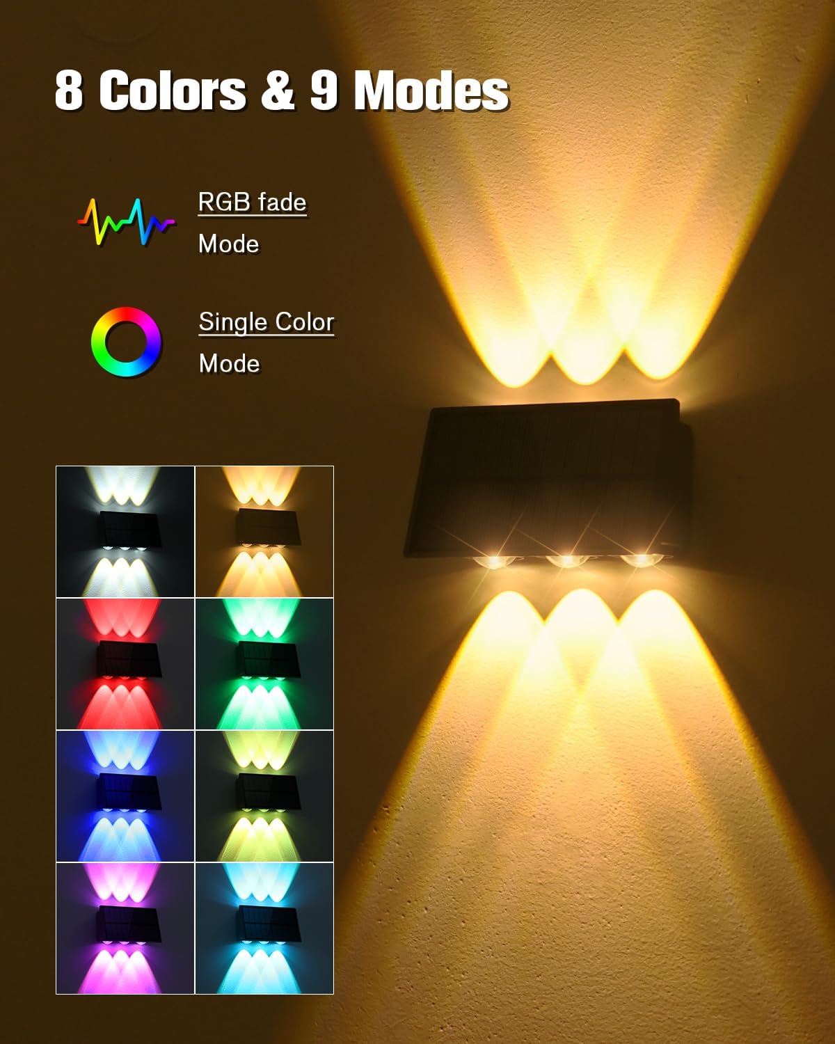 VOLISUN Solar Fence Lights 6 Pack, Color Glow LED Up and Down Wall Lamp, IP65 Waterproof Solar Lights Outdoor for Patio, Backyard, Railing, Deck, Fence and Wall（6 Lenses）