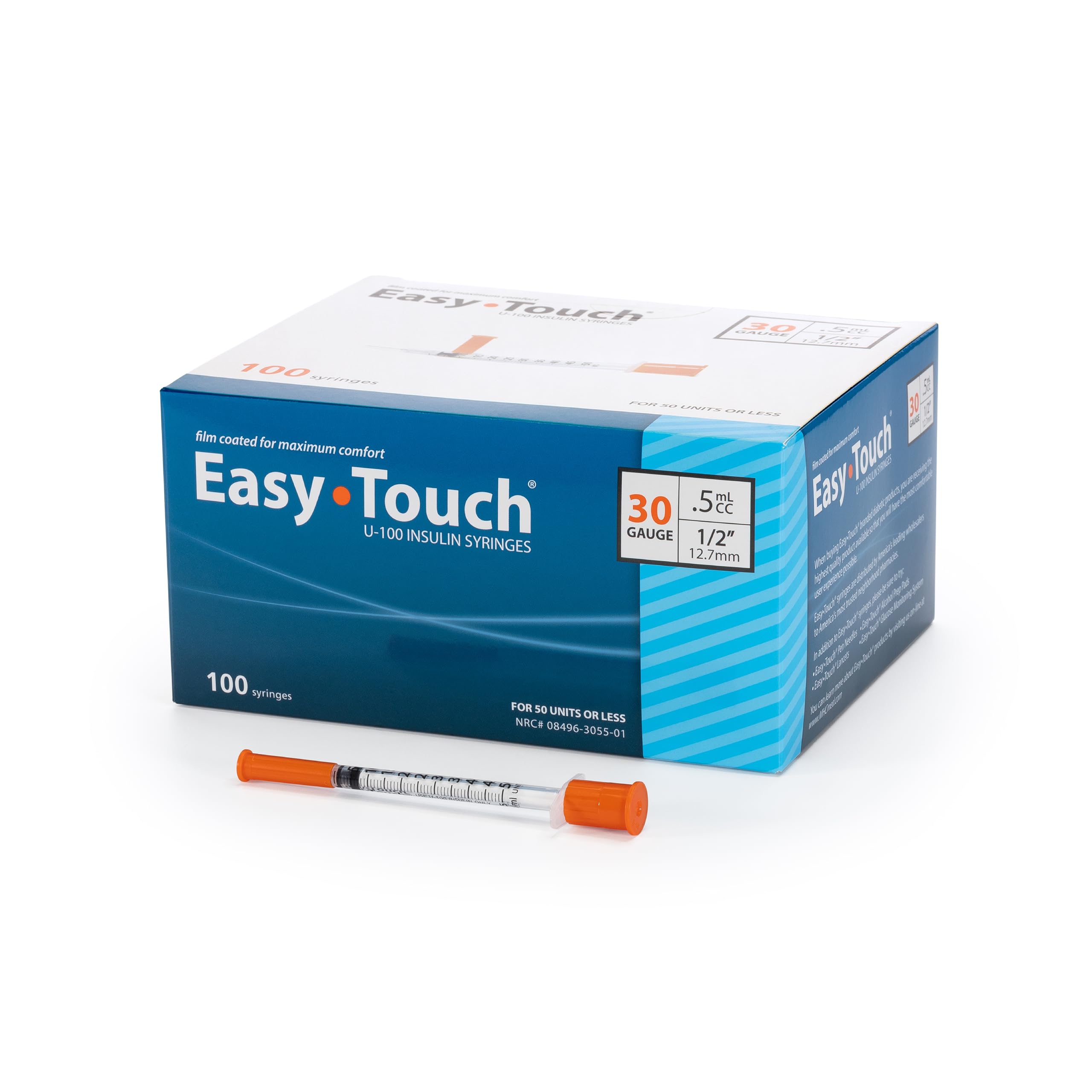 Easy Touch U-100 Insulin Syringe with Needle, 30G 0.5cc 1/2-Inch (12.7mm), Box of 100