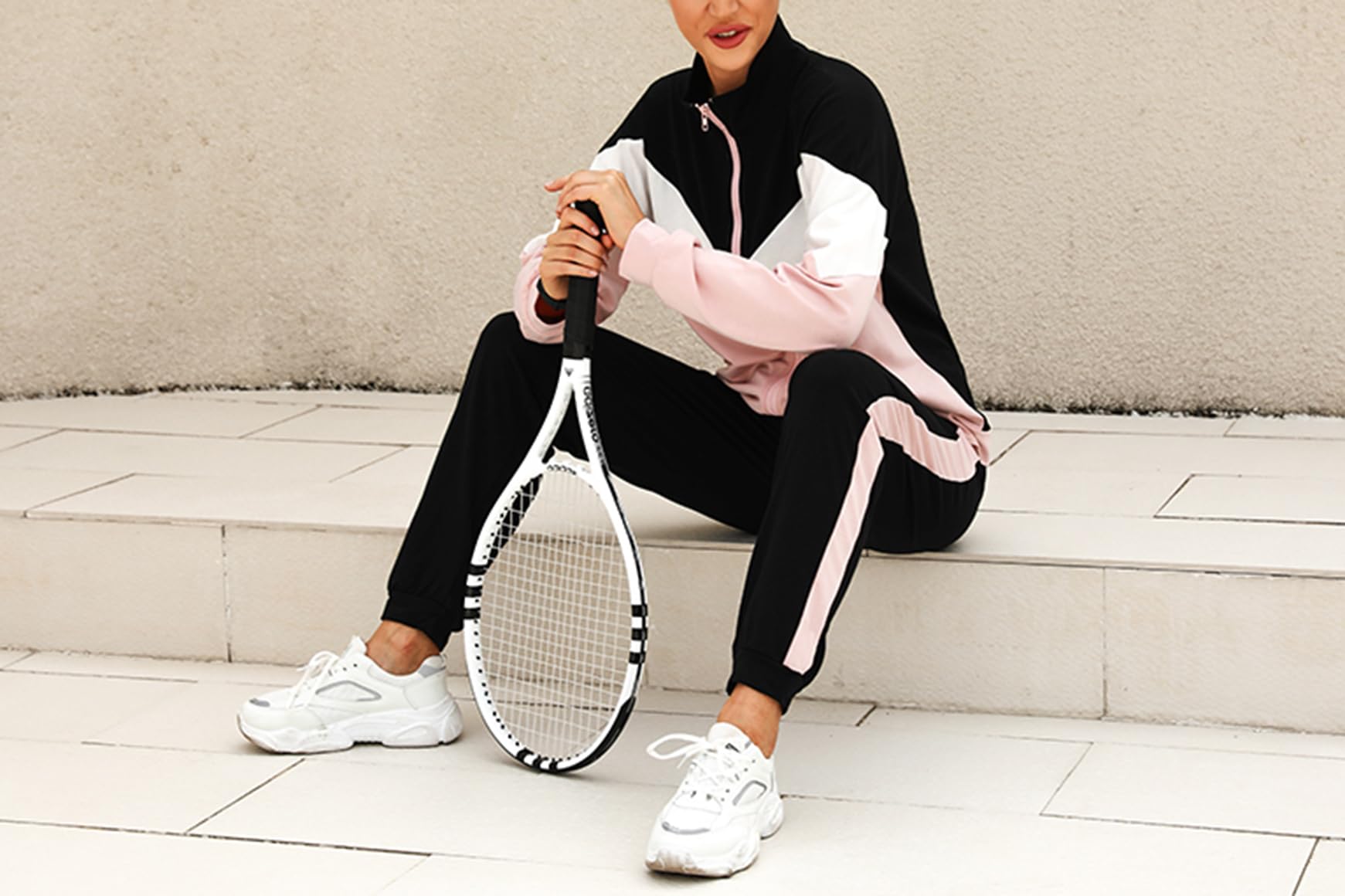 Marvmys Survêtement Femme Couleurs Contrastées élégant Sport Ensemble Sportwear à Manches Longues Zippé Pour Fitness Jogging