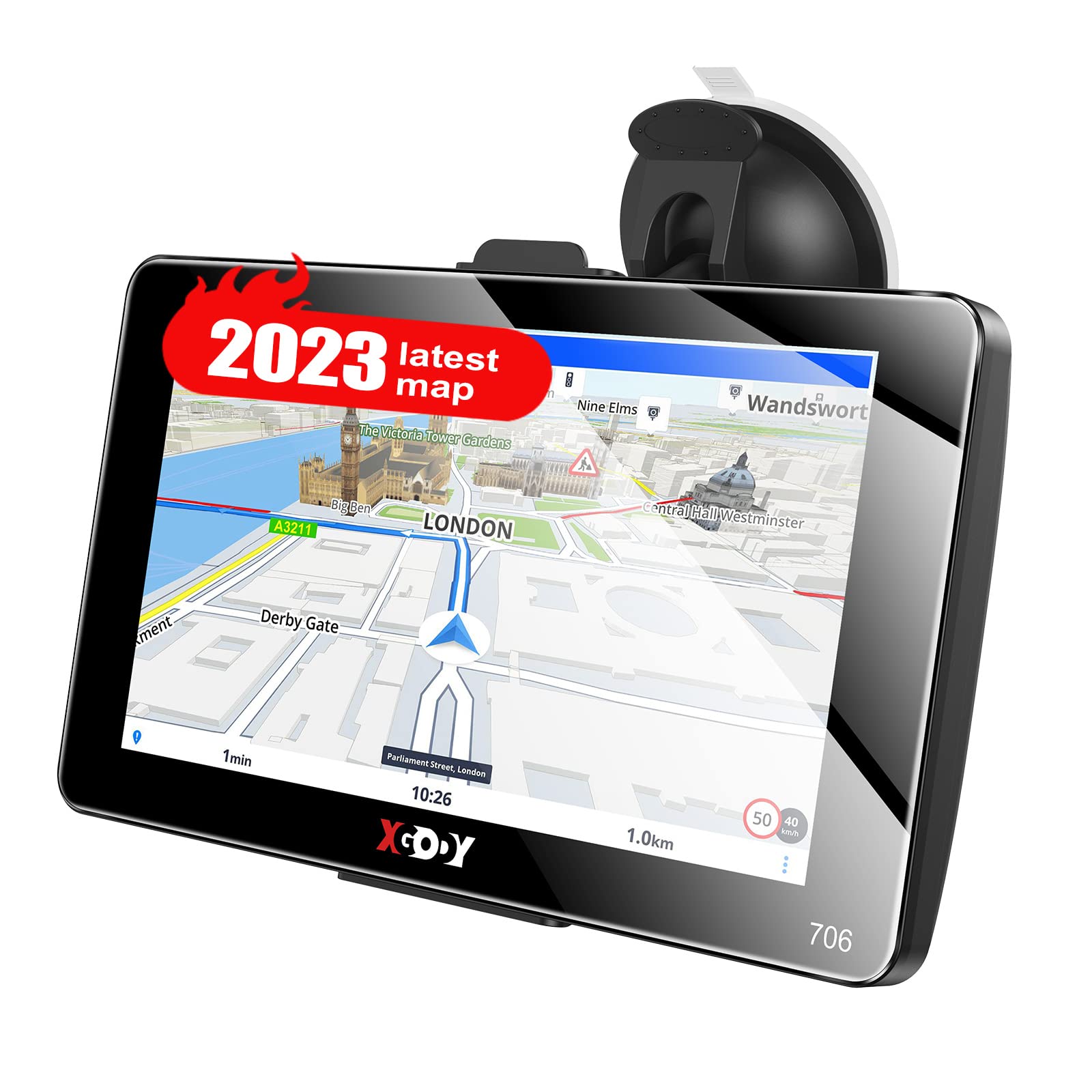 Xgody 7" Sat Nav with 2023 UK & Europe Maps, Support Lifetime Updates, Multi-Vehicle, Postcode & POI Search, Speed Alerts
