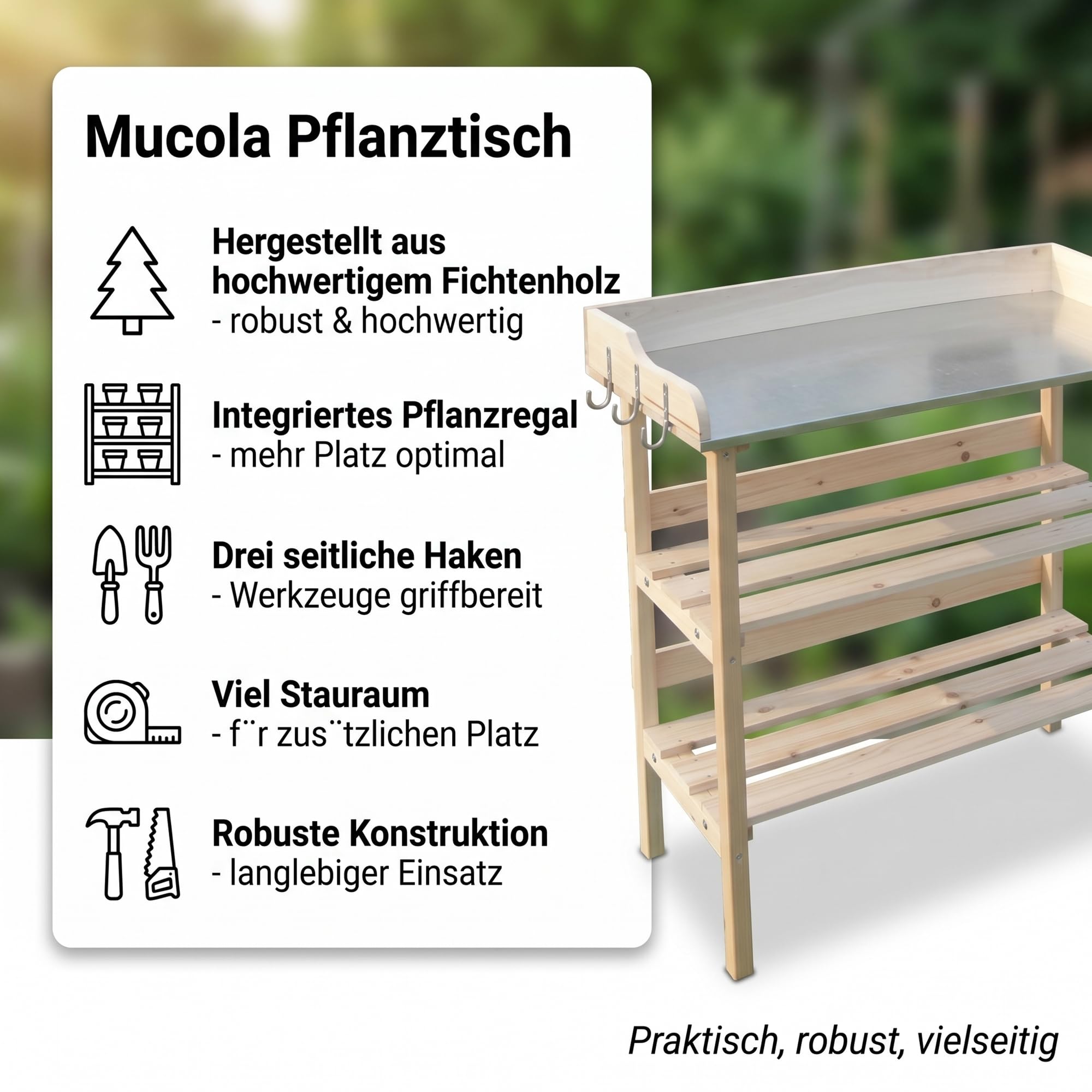 Mucola Pflanztisch Gärtnertisch mit Zinkplatte 2 Ablagen 84x78x38 cm Holz
