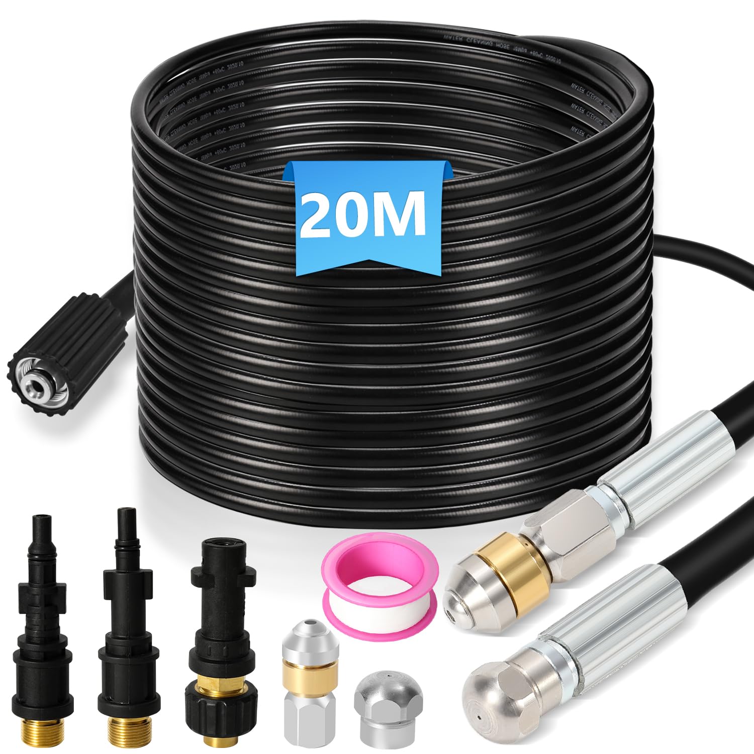 Rohrreinigungsschlauch Set 20M, mit Düsen starr + rotierend, 3 Adapter, für handelsübliche Hochdruckreiniger, universelles Rohrreinigungs Set