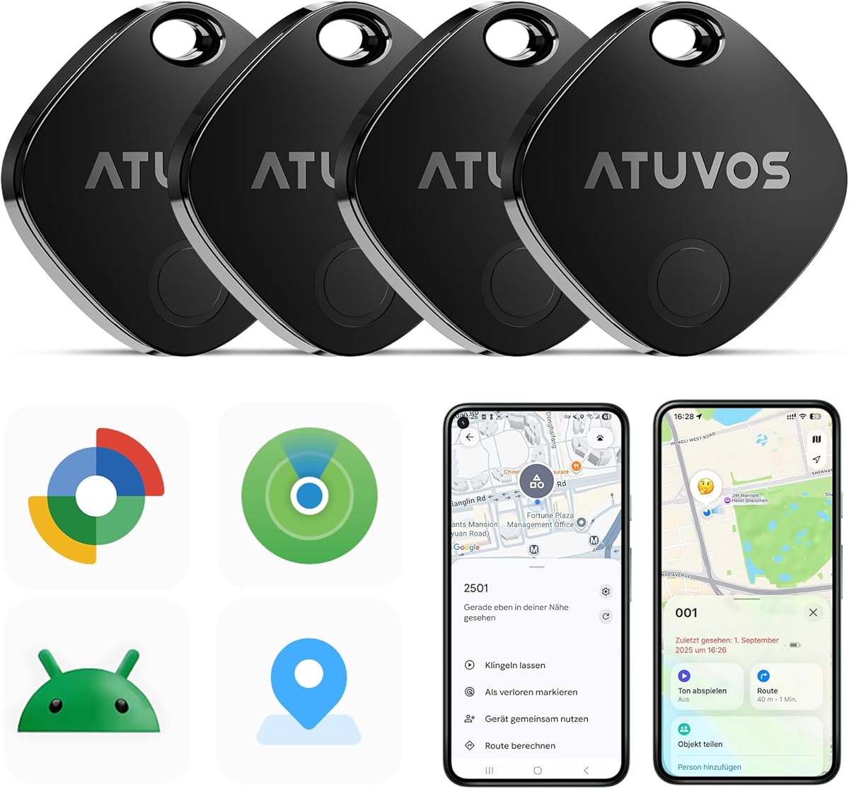 ATUVOS Dual-System Air Tag Pro 4er Pack, Smart Schlüsselfinder Tracker kompatibel mit Android Google Mein Gerät finden or iOS Apple Wo ist? App (Huawei nicht unterstützt), Key Finder für Gepäck,Koffer