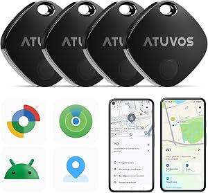 ATUVOS Air Tag Pro Smart Tags Tracker für Android & iOS, Neu Dual-System Schlüsselfinder kompatibel mit Google Mein Gerät finden or Apple Wo ist? App, Smarttag Key Finder für Gepäck, Koffer, 4er Pack.